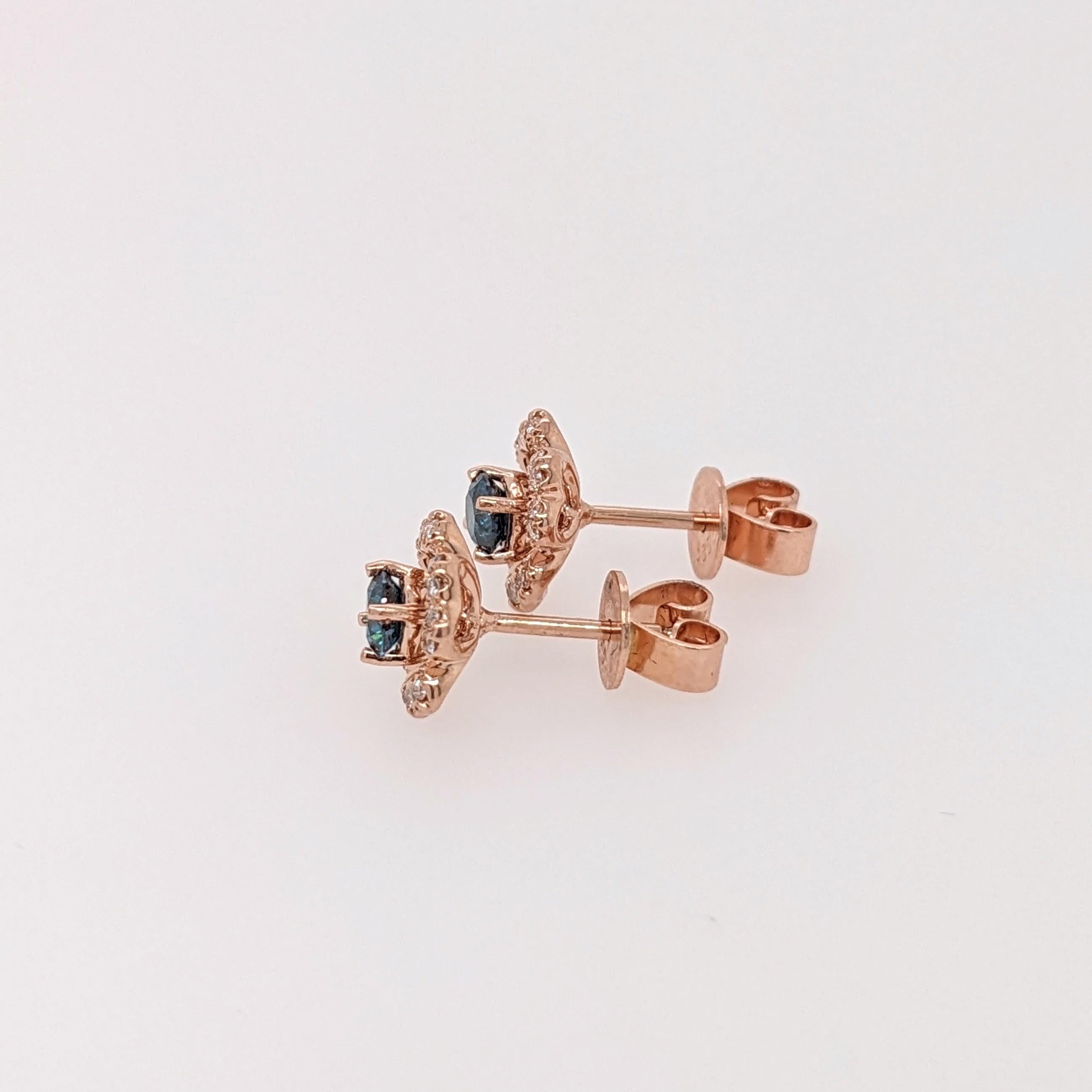 Round Cut Blue Diamond Earrings w Diamond Flower Halo in Solid 14K Rose Gold Round 3.5mm