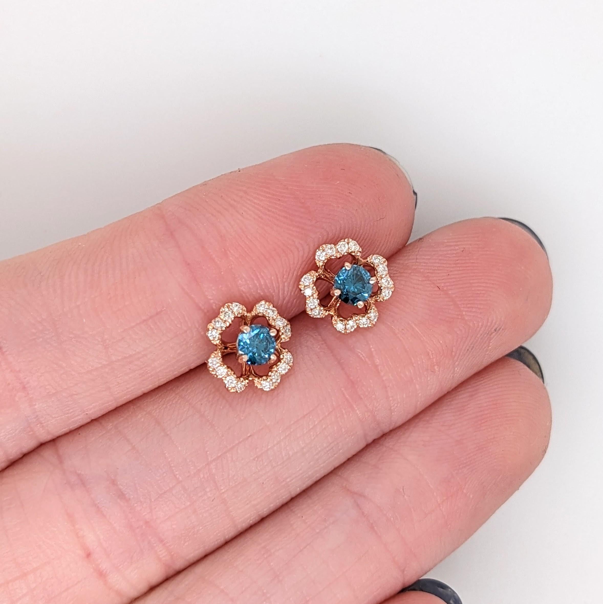 Blue Diamond Earrings w Diamond Flower Halo in Solid 14K Rose Gold Round 3.5mm In New Condition In Columbus, OH