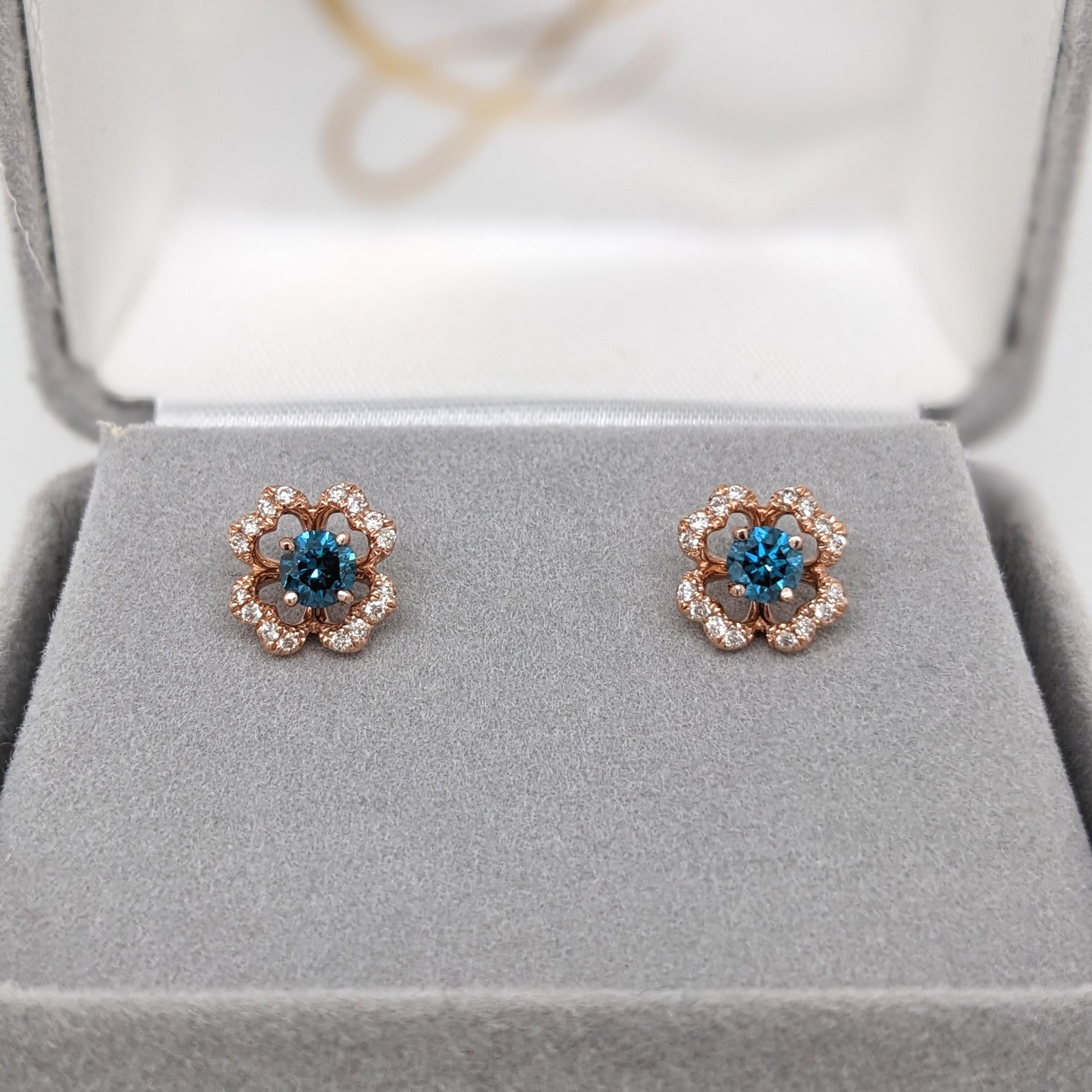Women's Blue Diamond Earrings w Diamond Flower Halo in Solid 14K Rose Gold Round 3.5mm
