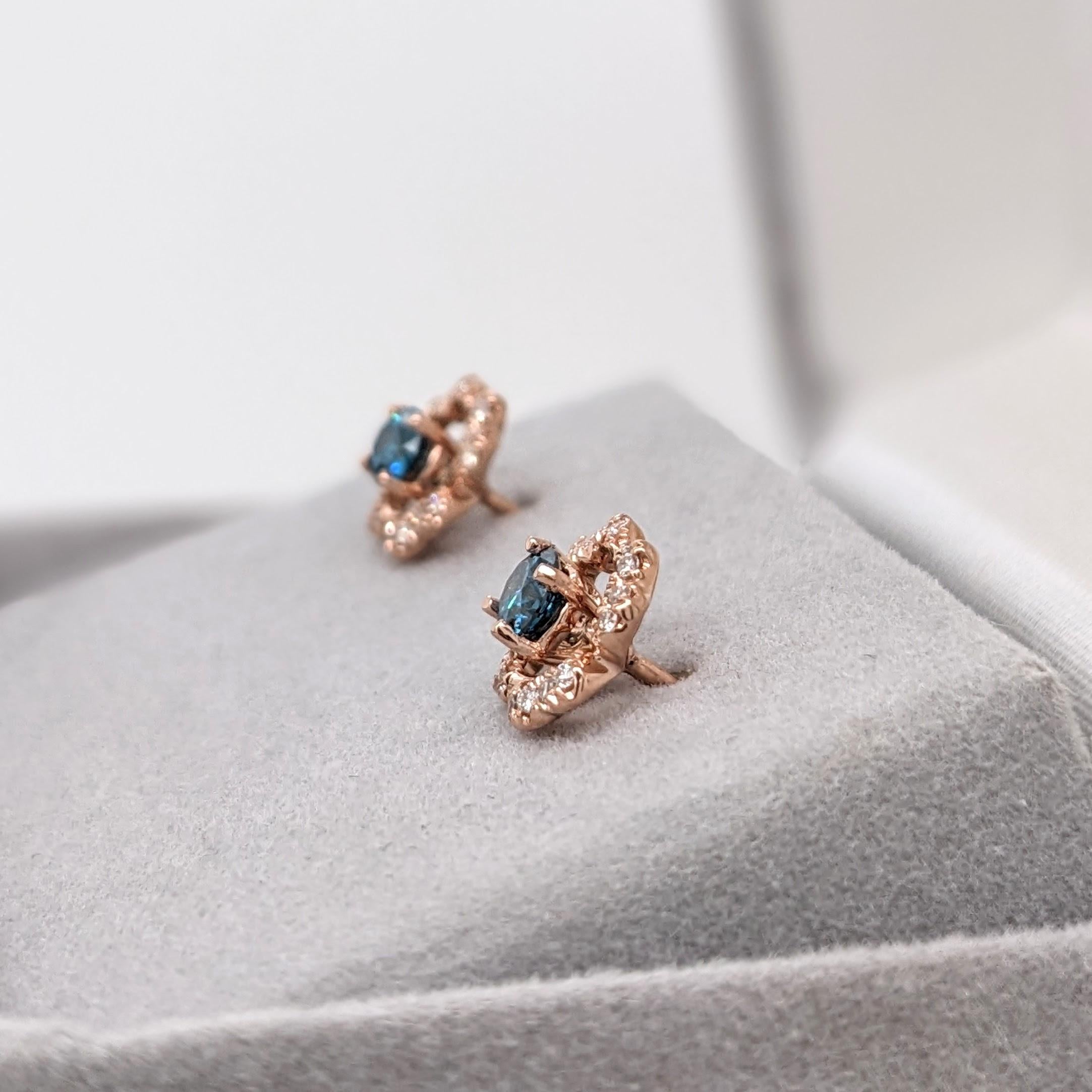 Blue Diamond Earrings w Diamond Flower Halo in Solid 14K Rose Gold Round 3.5mm 1