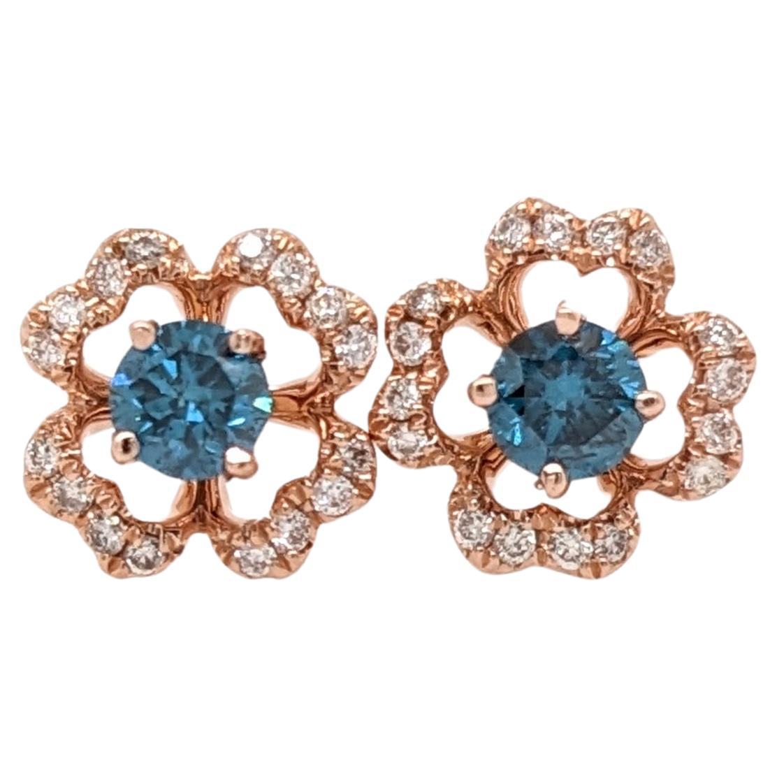 Blue Diamond Earrings w Diamond Flower Halo in Solid 14K Rose Gold Round 3.5mm