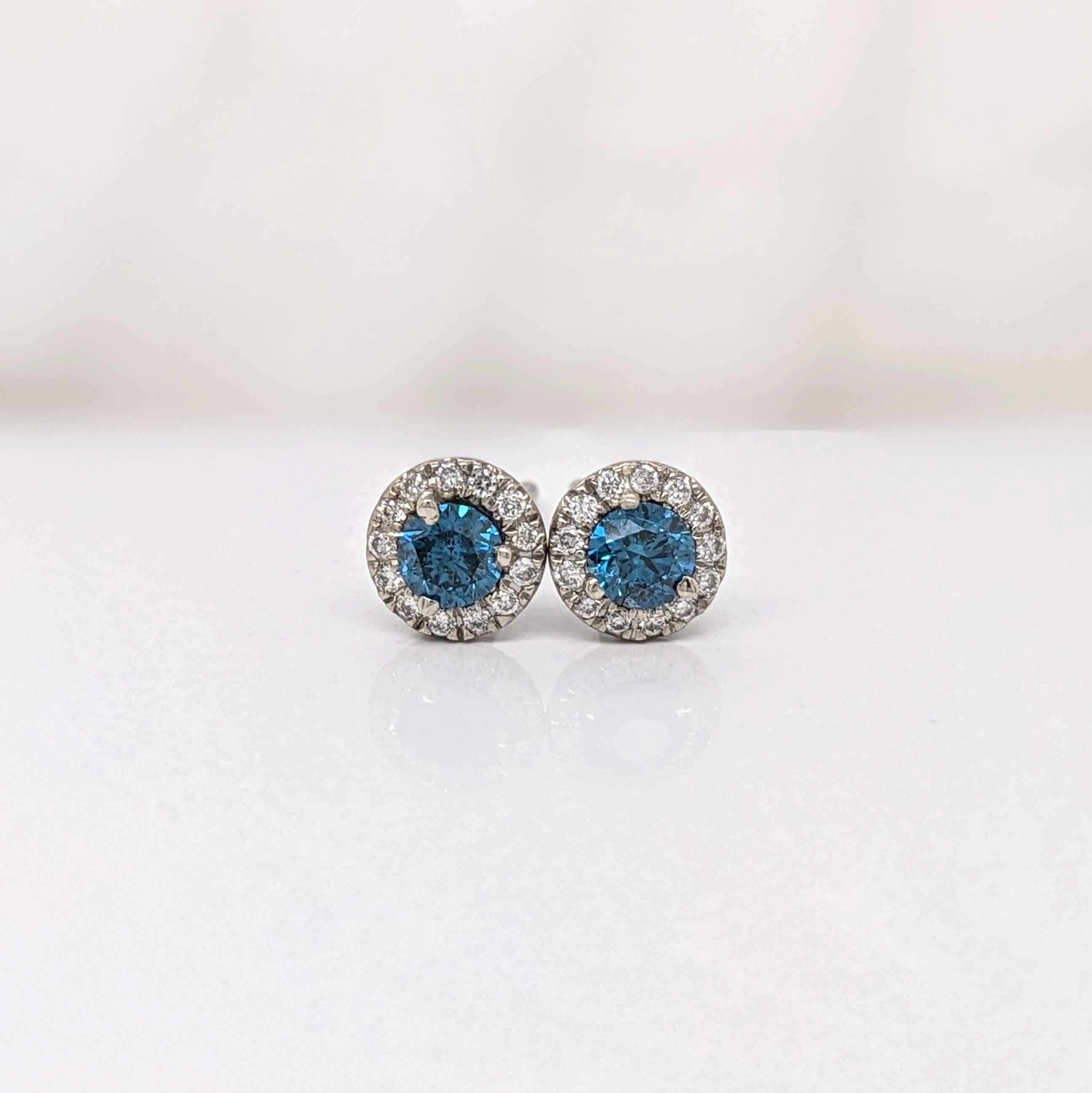 Modern Blue Diamond Earrings w Natural Diamonds in Solid 14K White Gold Round 3.5mm For Sale