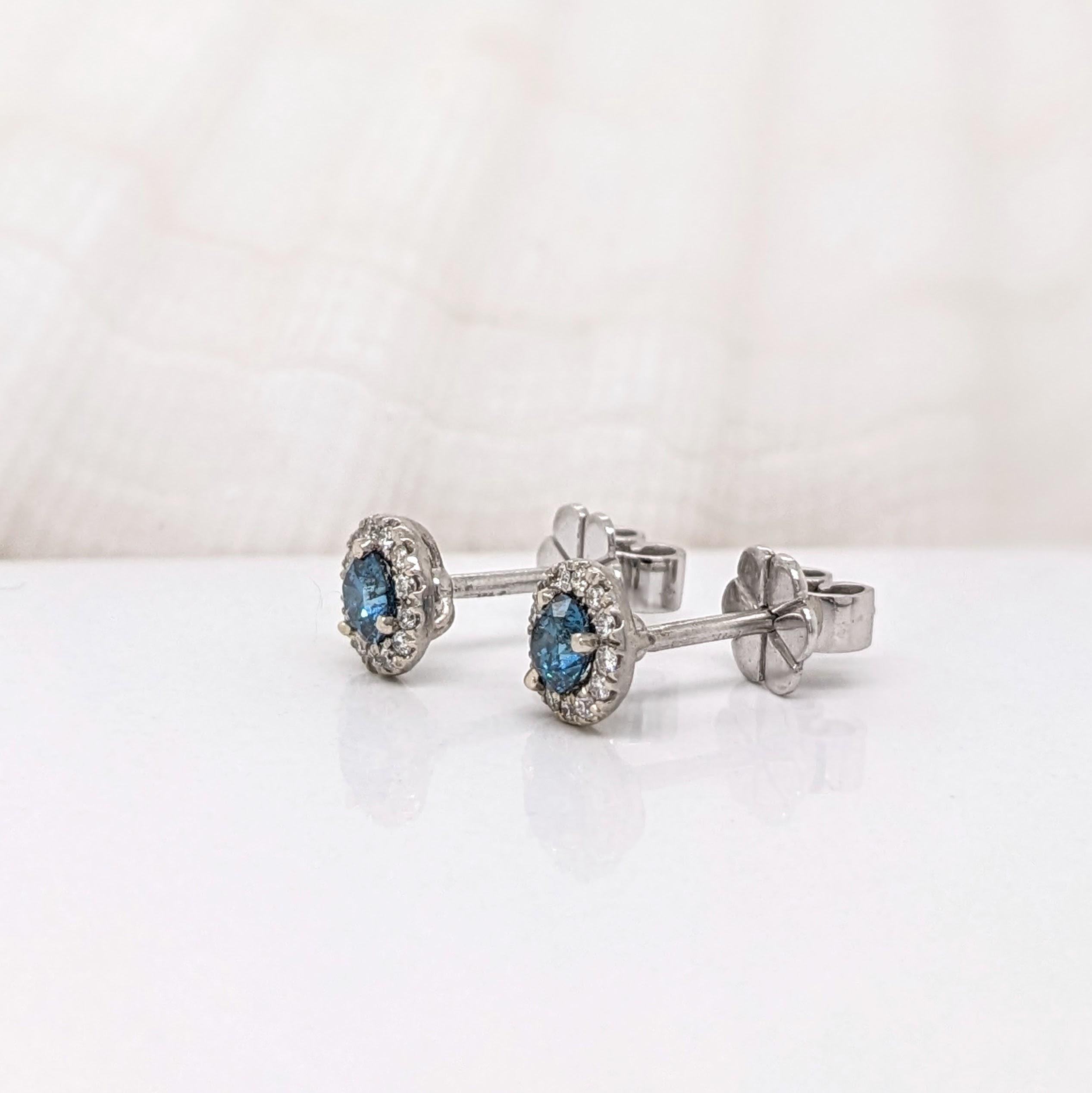 Round Cut Blue Diamond Earrings w Natural Diamonds in Solid 14K White Gold Round 3.5mm For Sale