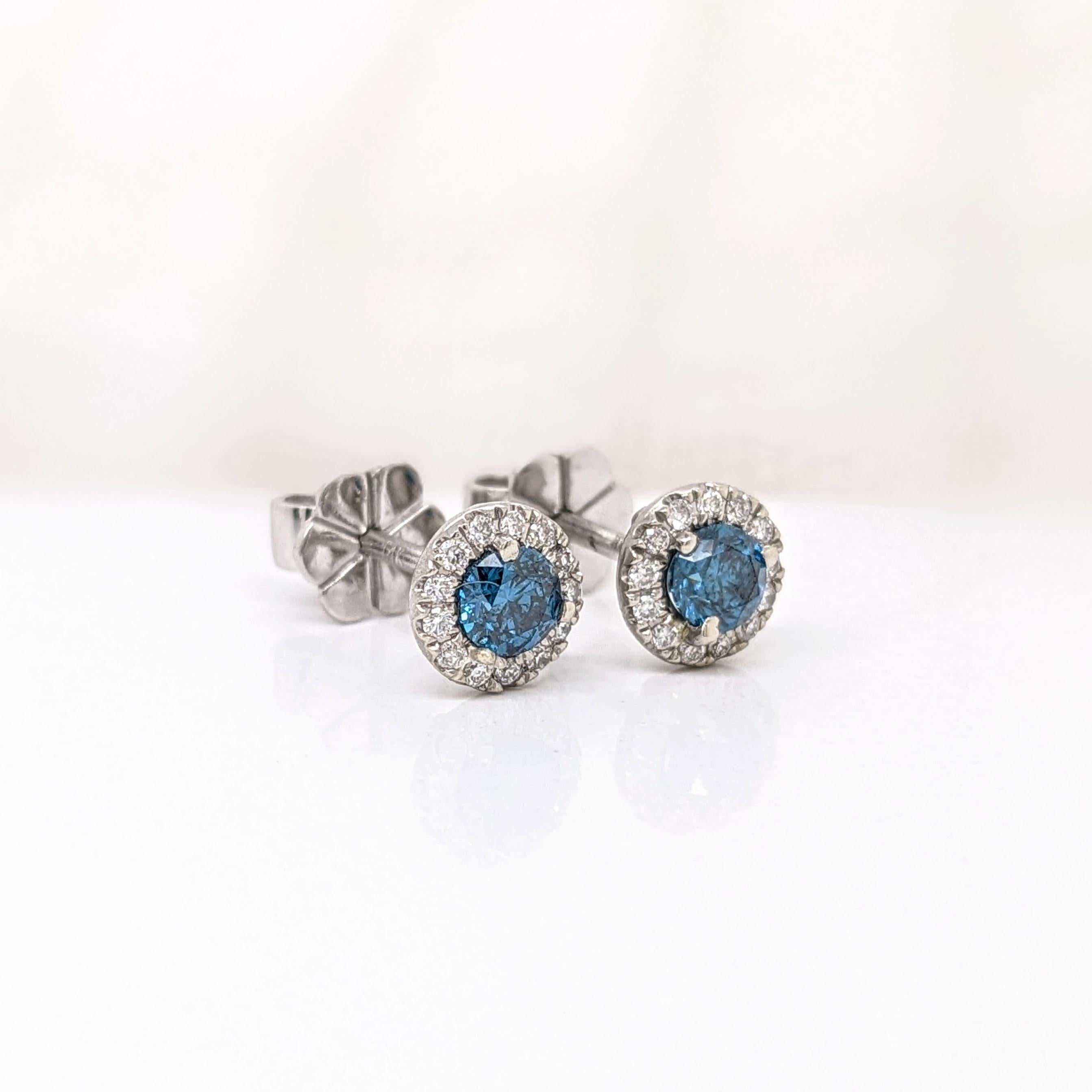 Blue Diamond Earrings w Natural Diamonds in Solid 14K White Gold Round 3.5mm In New Condition For Sale In Columbus, OH