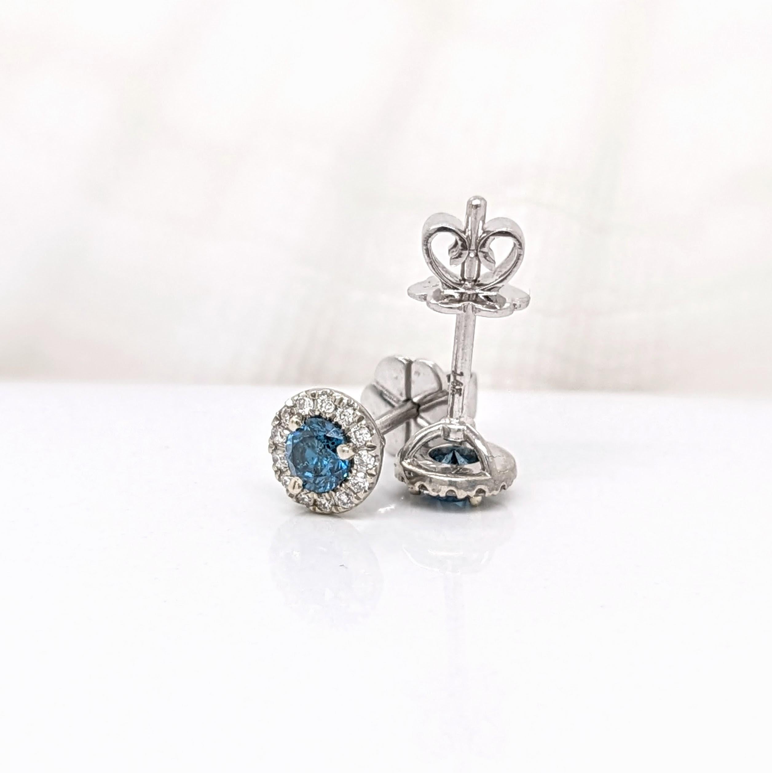 Women's Blue Diamond Earrings w Natural Diamonds in Solid 14K White Gold Round 3.5mm For Sale