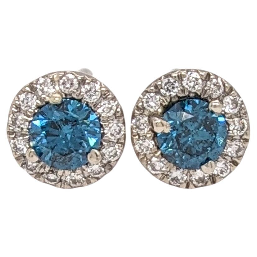 Blue Diamond Earrings w Natural Diamonds in Solid 14K White Gold Round 3.5mm For Sale