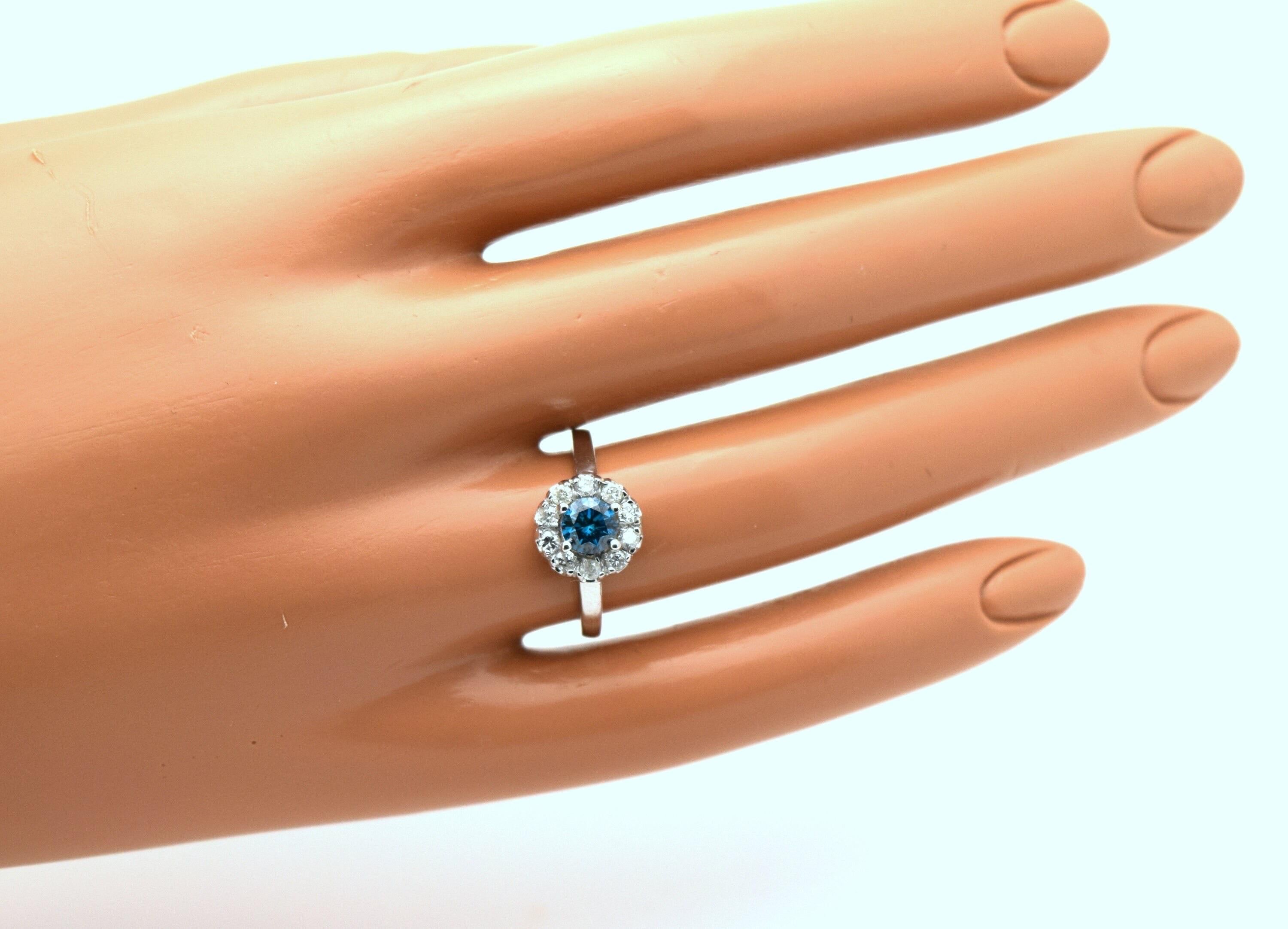 Brilliant Cut Blue diamond engagement ring 14KT white gold floral ring size 6.5 For Sale