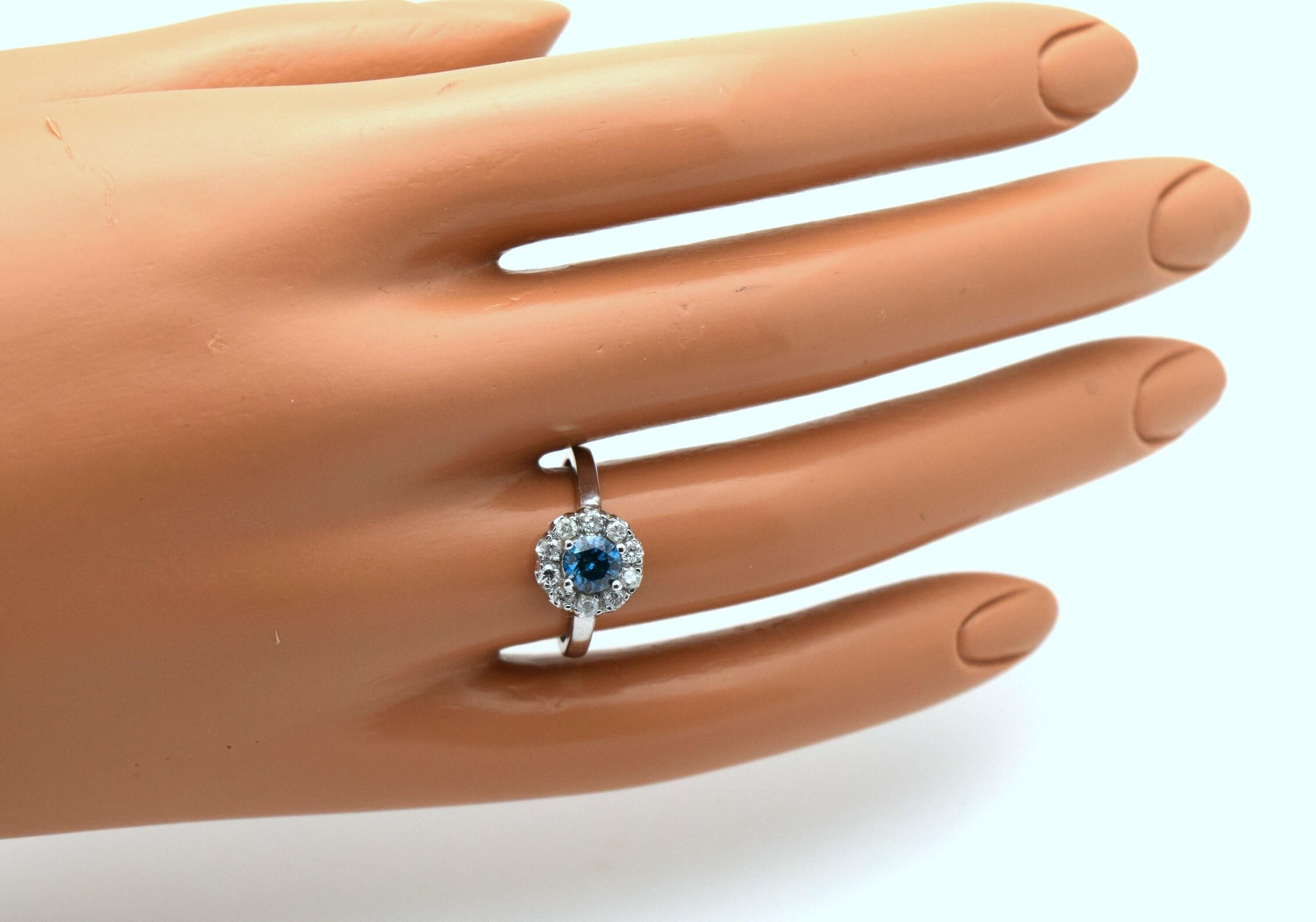 Blue diamond engagement ring 14KT white gold floral ring size 6.5 In New Condition For Sale In Boca Raton, FL
