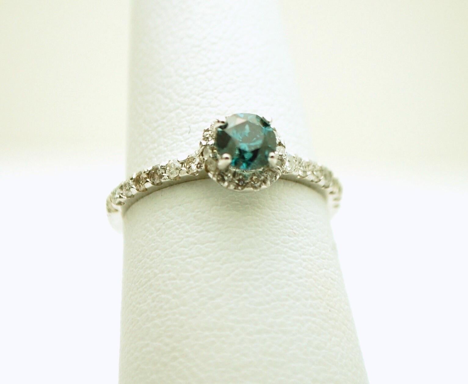 Brilliant Cut Blue diamond ring 14KT white gold Engagement diamond ring halo diamond ring For Sale
