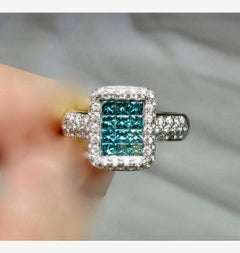 Blue Diamond Ring 18K White Gold Wedding Engagement Princess Cut