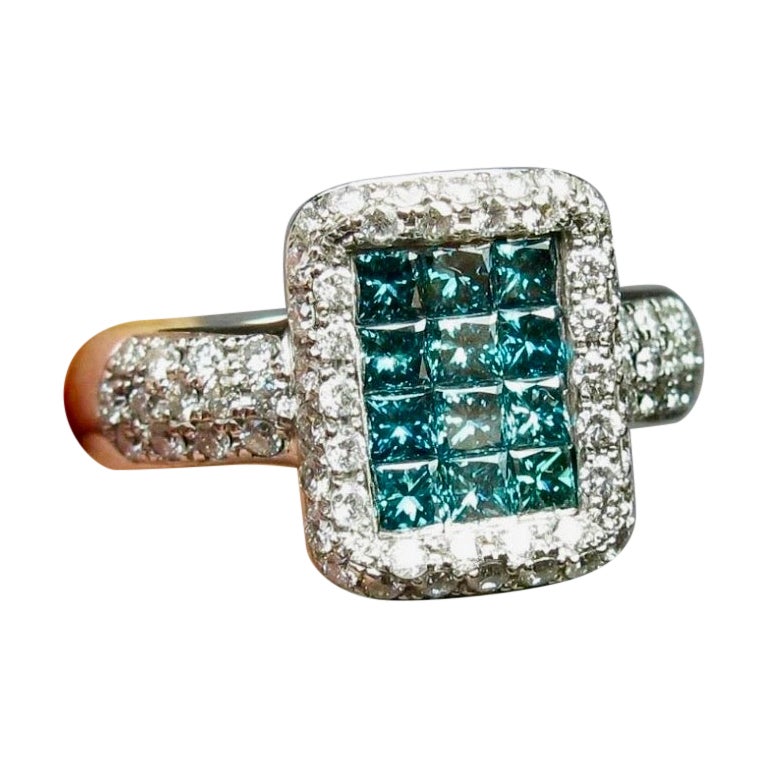 Blue Diamond Ring 18K White Gold Wedding Engagement Princess Cut