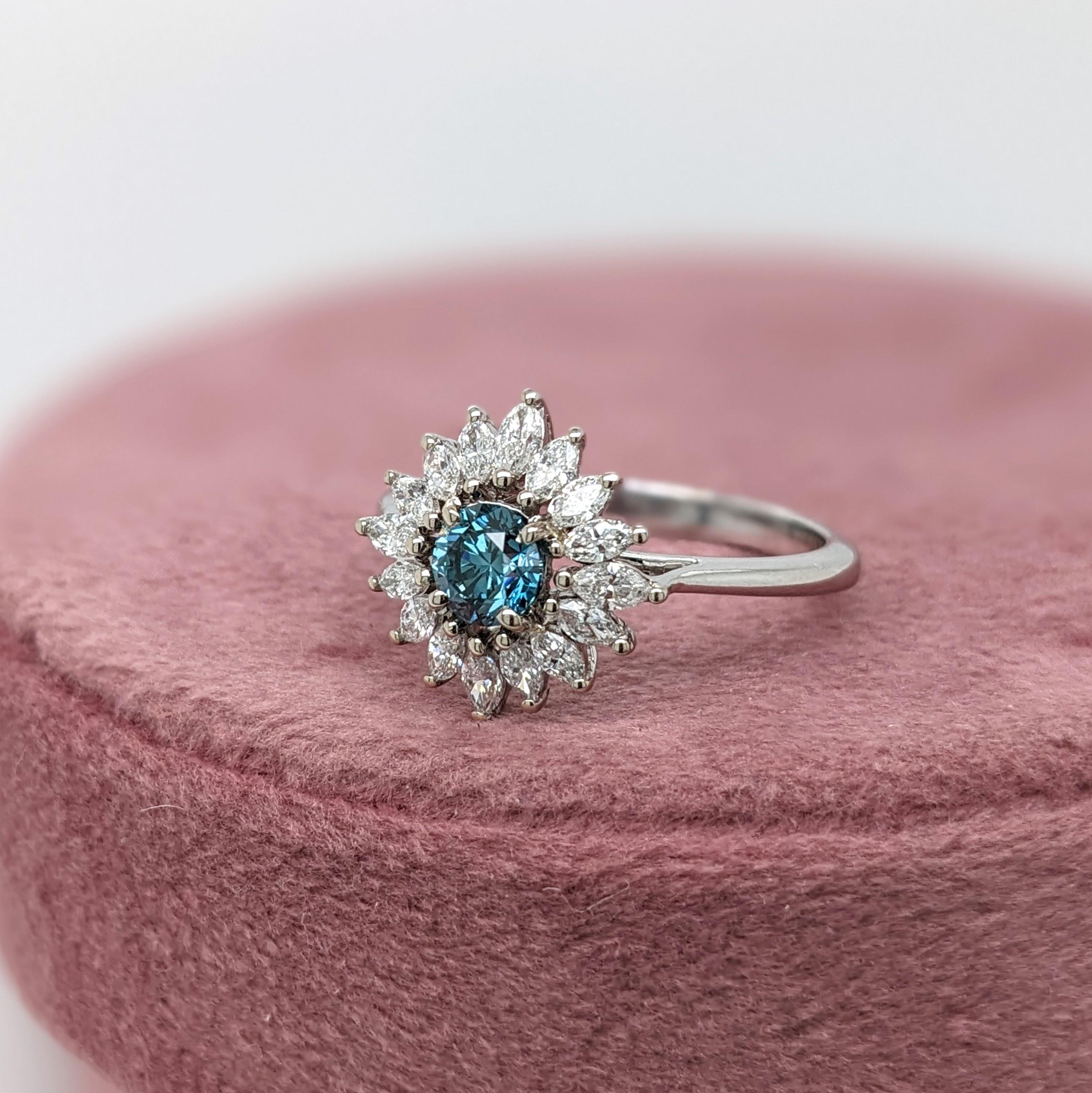 Modern Blue Diamond Ring w a Natural Diamond Halo in Solid 14K White Gold Round 4.5mm For Sale