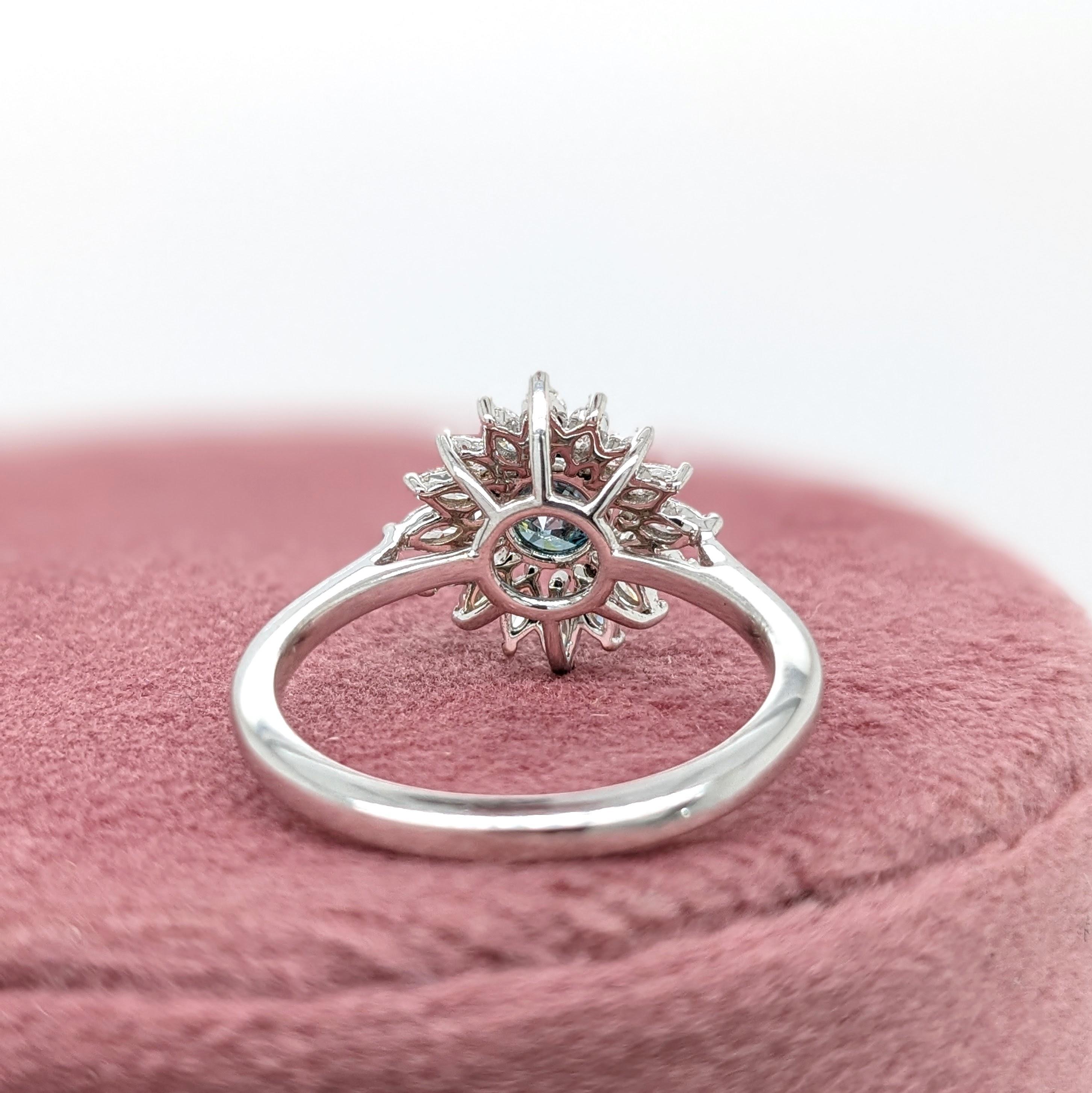 Round Cut Blue Diamond Ring w a Natural Diamond Halo in Solid 14K White Gold Round 4.5mm For Sale