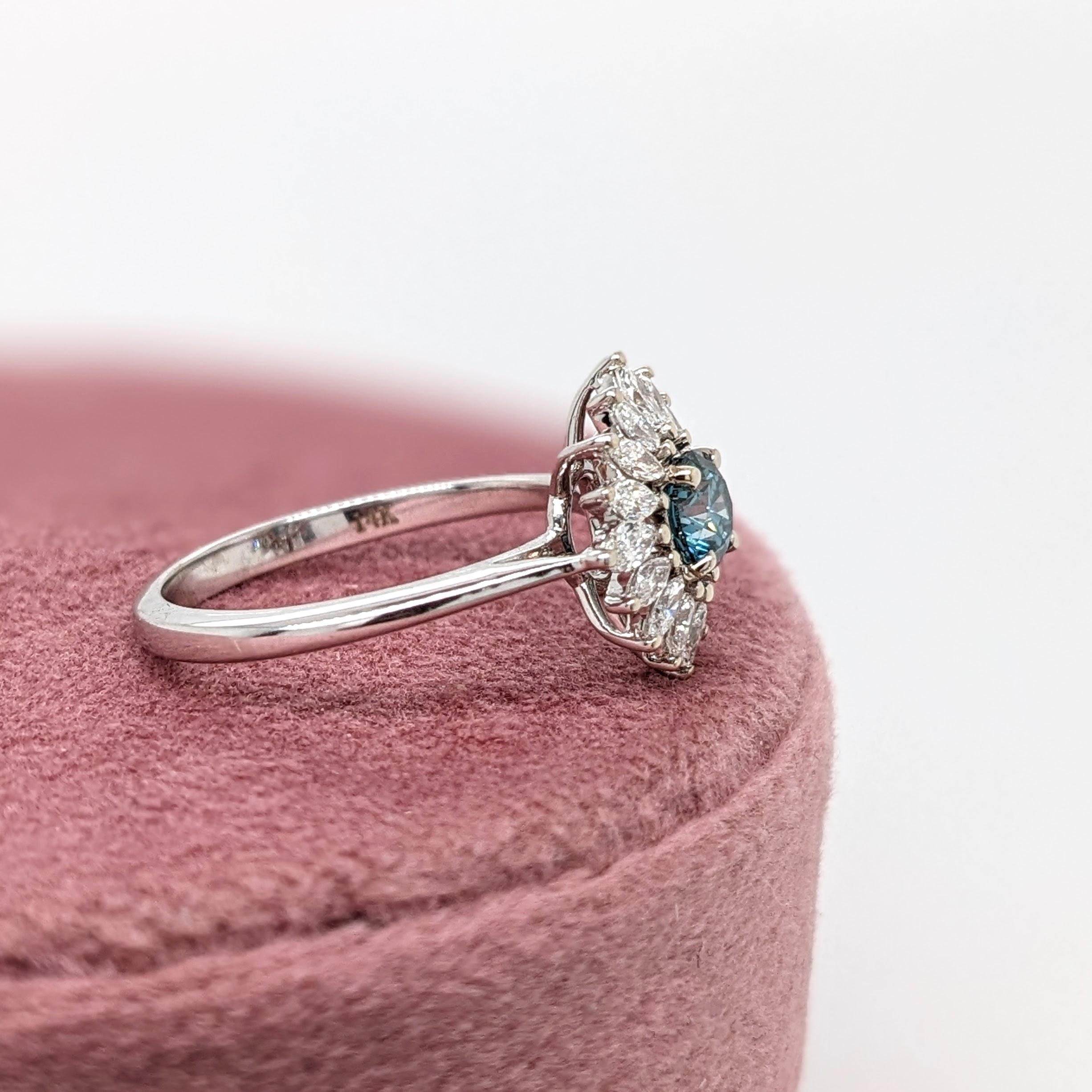 Blue Diamond Ring w a Natural Diamond Halo in Solid 14K White Gold Round 4.5mm In New Condition For Sale In Columbus, OH