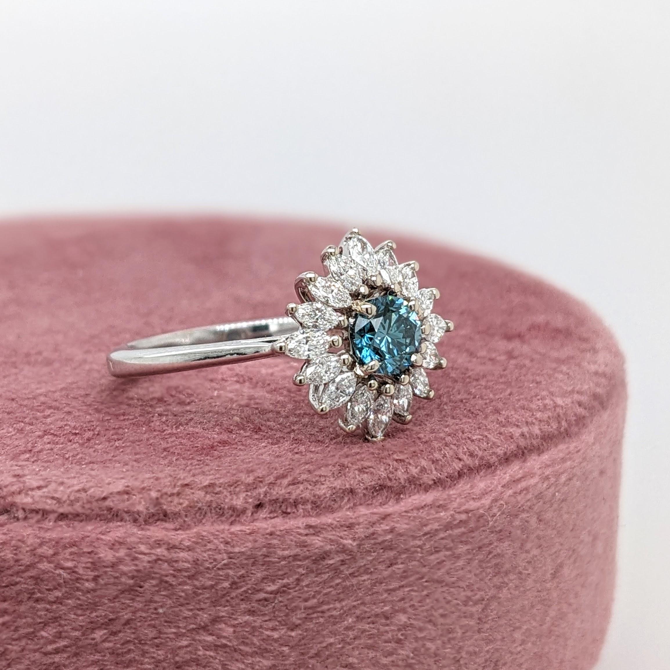 Women's Blue Diamond Ring w a Natural Diamond Halo in Solid 14K White Gold Round 4.5mm For Sale