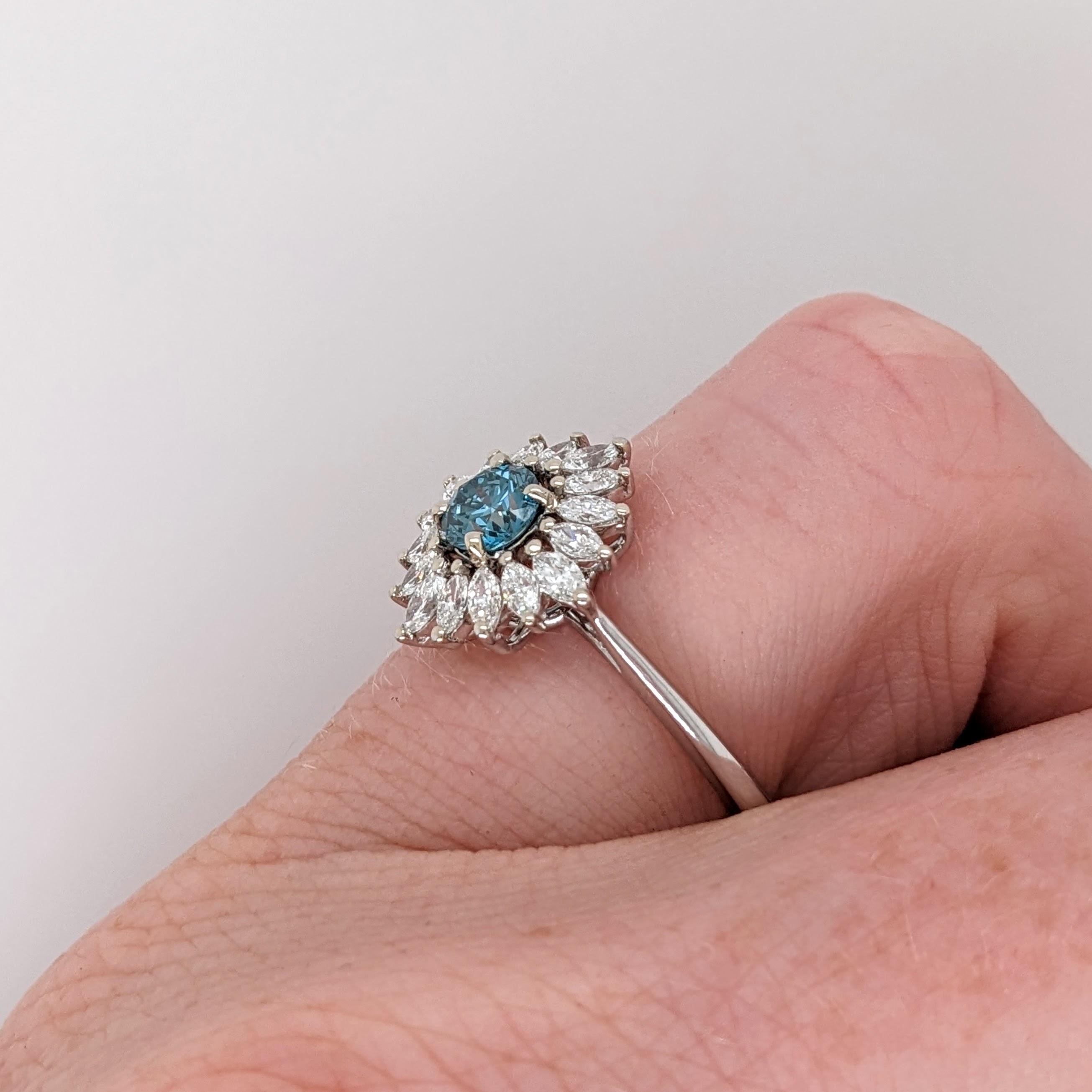Blue Diamond Ring w a Natural Diamond Halo in Solid 14K White Gold Round 4.5mm For Sale 2