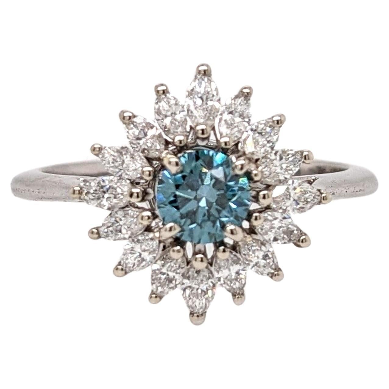 Blue Diamond Ring w a Natural Diamond Halo in Solid 14K White Gold Round 4.5mm For Sale