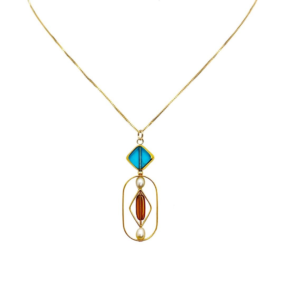 Uncut Blue Diamond Shape x Pearl Geometric Chain Necklace For Sale
