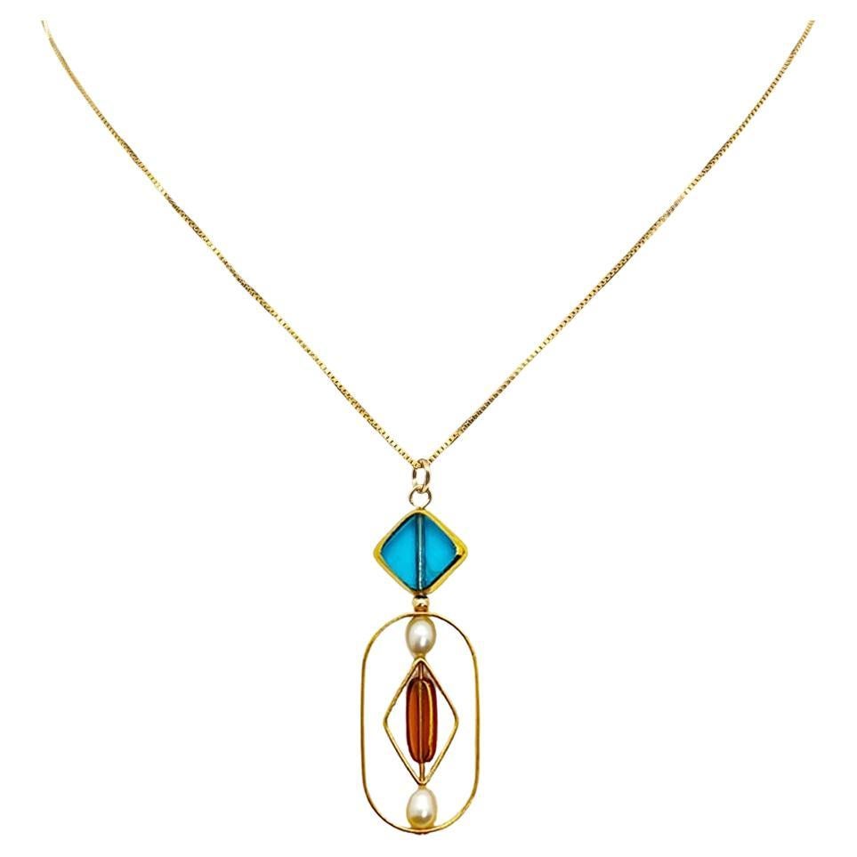 Blue Diamond Shape x Pearl Geometric Chain Necklace For Sale