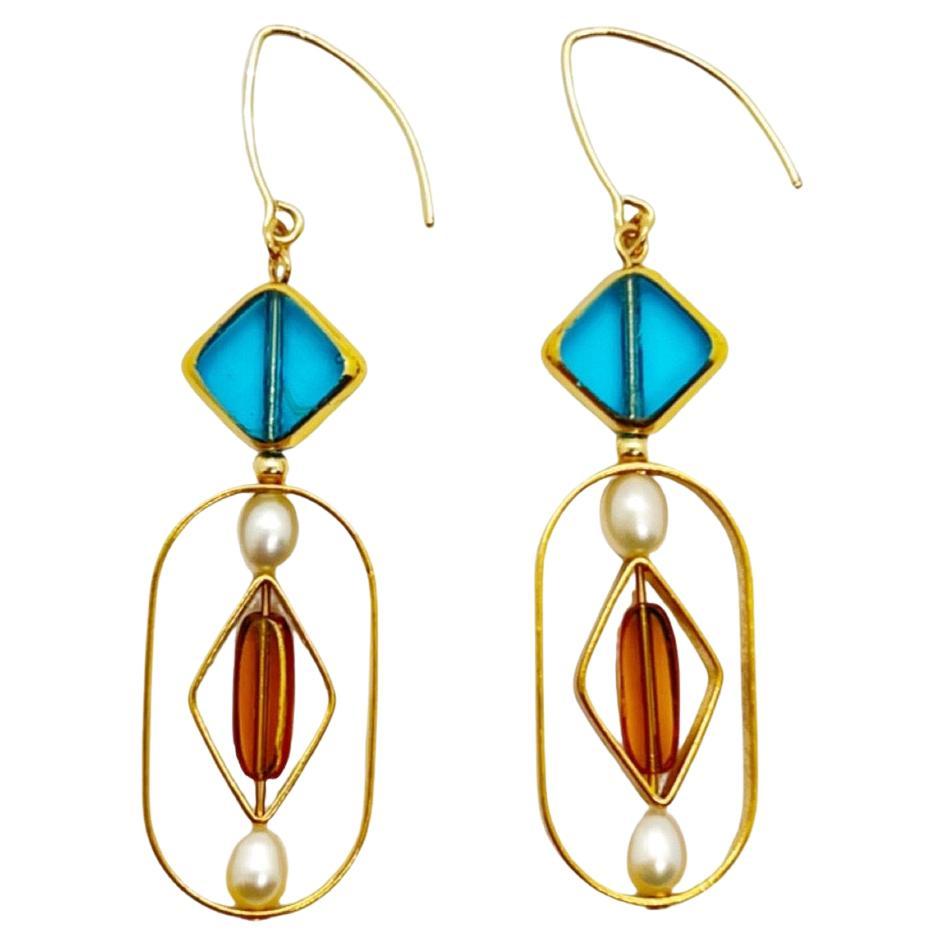Blue Diamond Shape x Pearl Geometric Art Deco Style Earrings For Sale