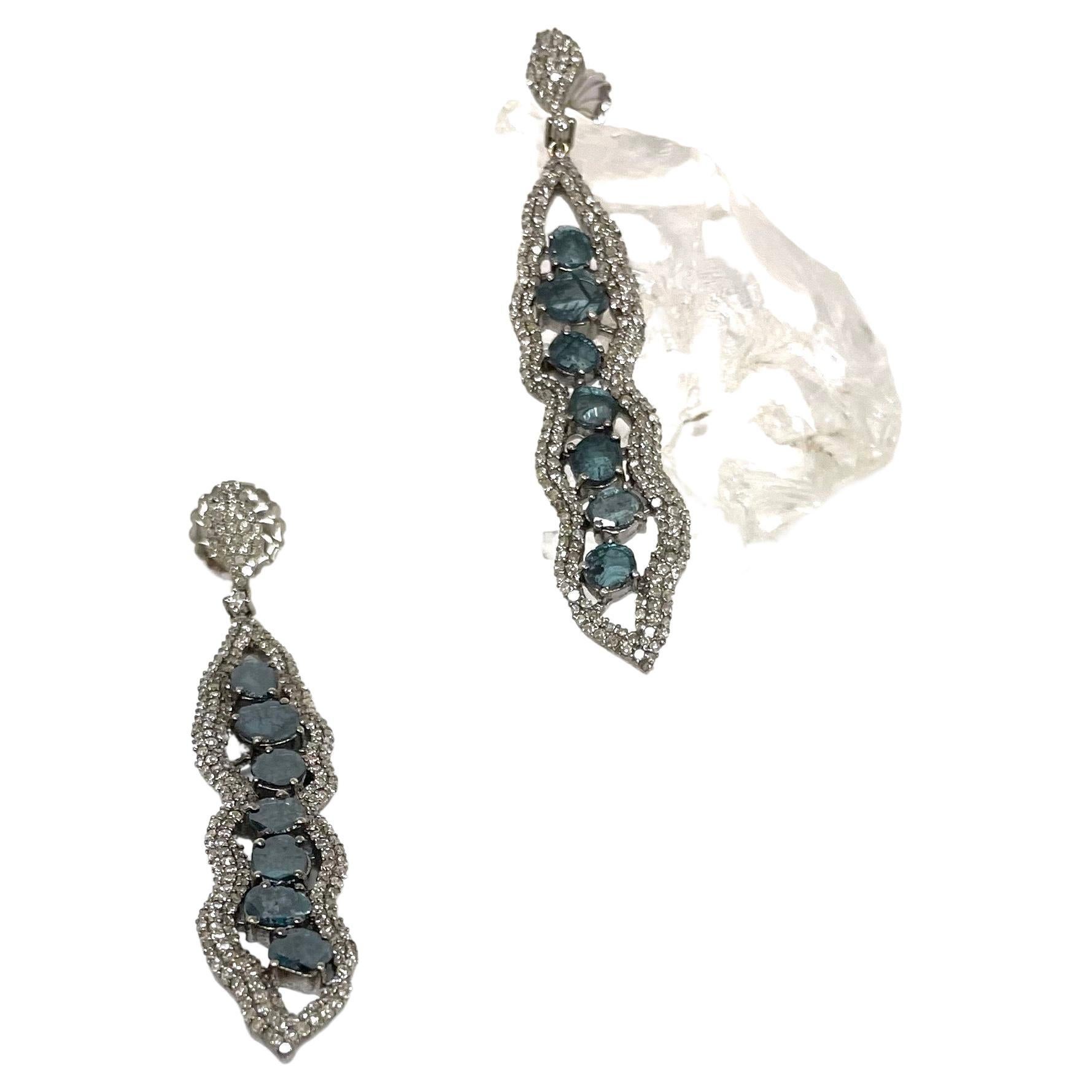 Blue Diamond Slices and Pave Diamonds Earrings In New Condition For Sale In Laguna Beach, CA