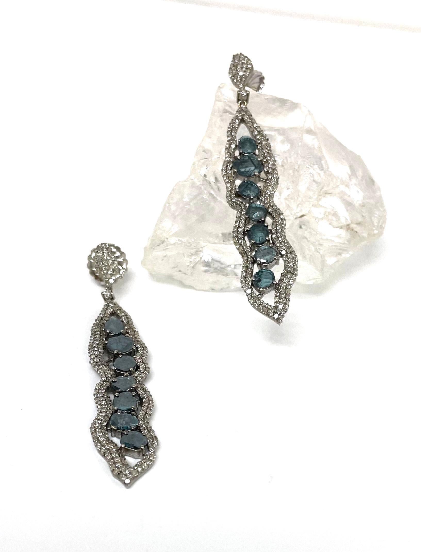 Women's Blue Diamond Slices and Pave Diamonds Earrings For Sale