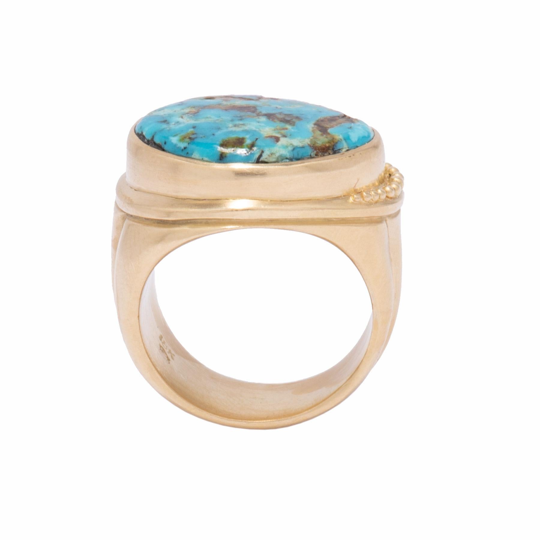 Contemporary Blue Diamond Turquoise Signet Ring in 18 Karat Gold For Sale