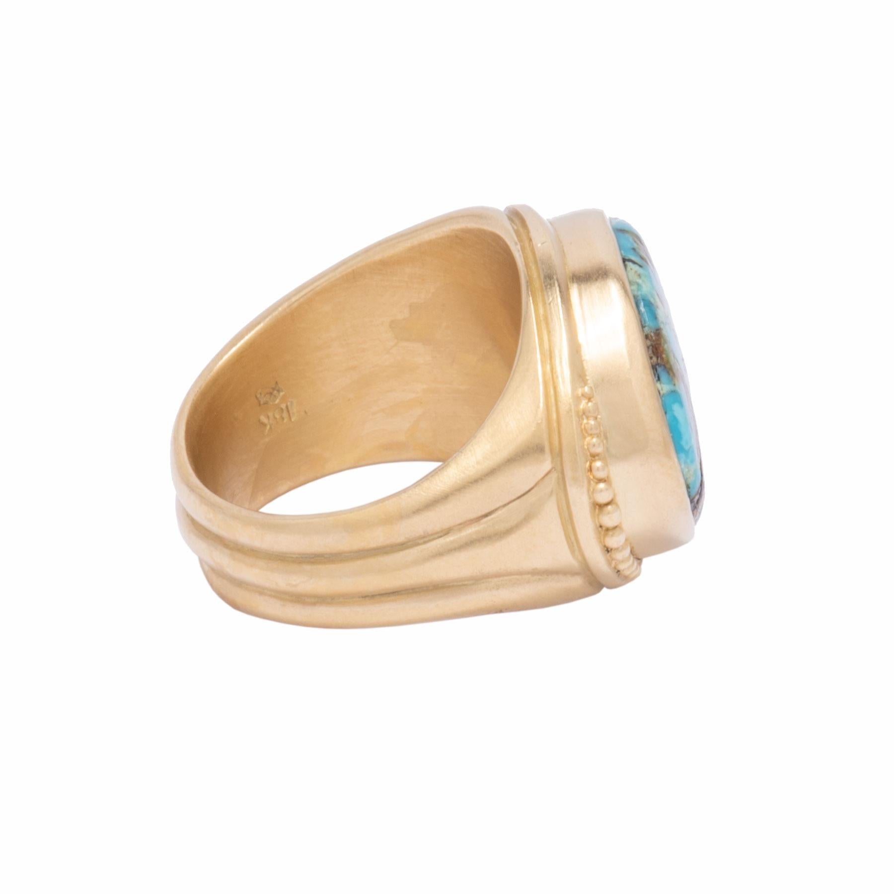 Blue Diamond Turquoise Signet Ring in 18 Karat Gold In New Condition For Sale In Santa Fe, NM