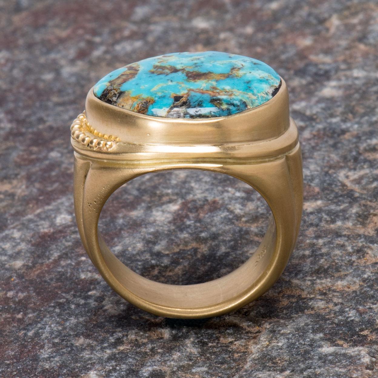 Blue Diamond Turquoise Signet Ring in 18 Karat Gold For Sale 1