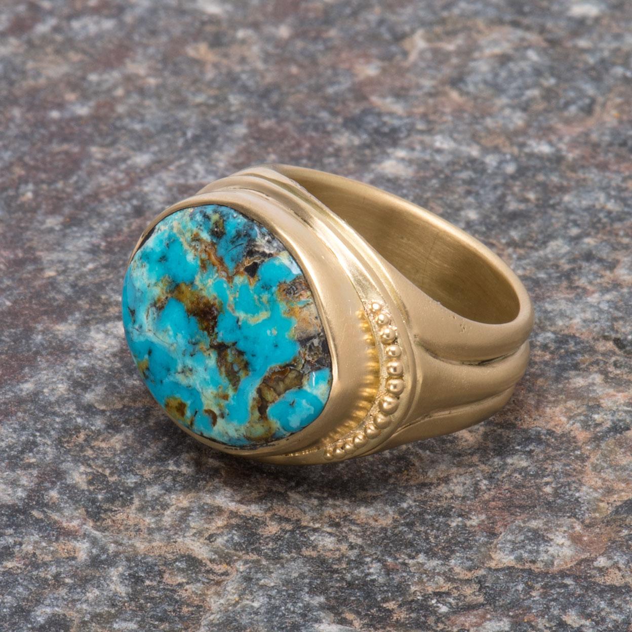 Blue Diamond Turquoise Signet Ring in 18 Karat Gold For Sale 2