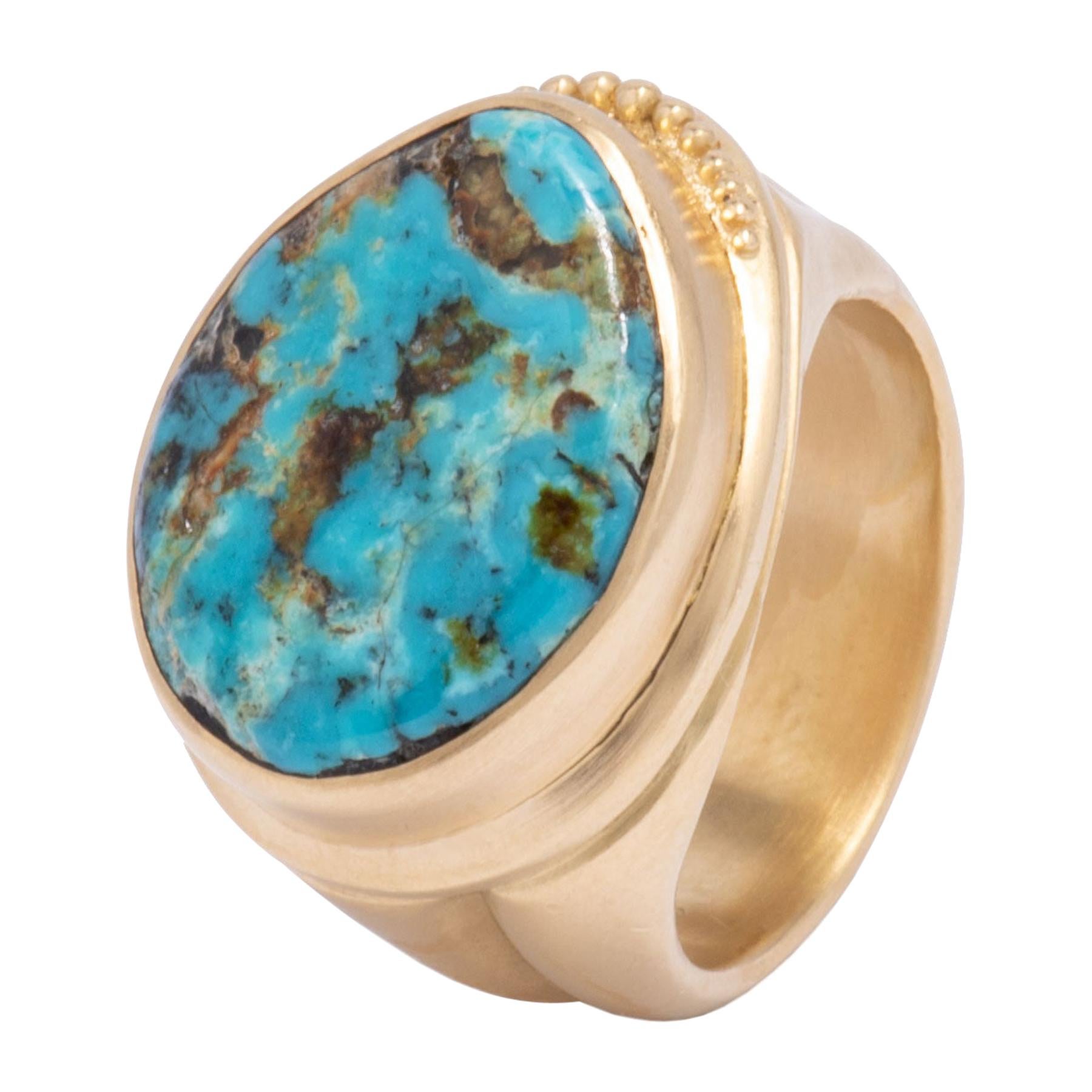 Blue Diamond Turquoise Signet Ring in 18 Karat Gold For Sale