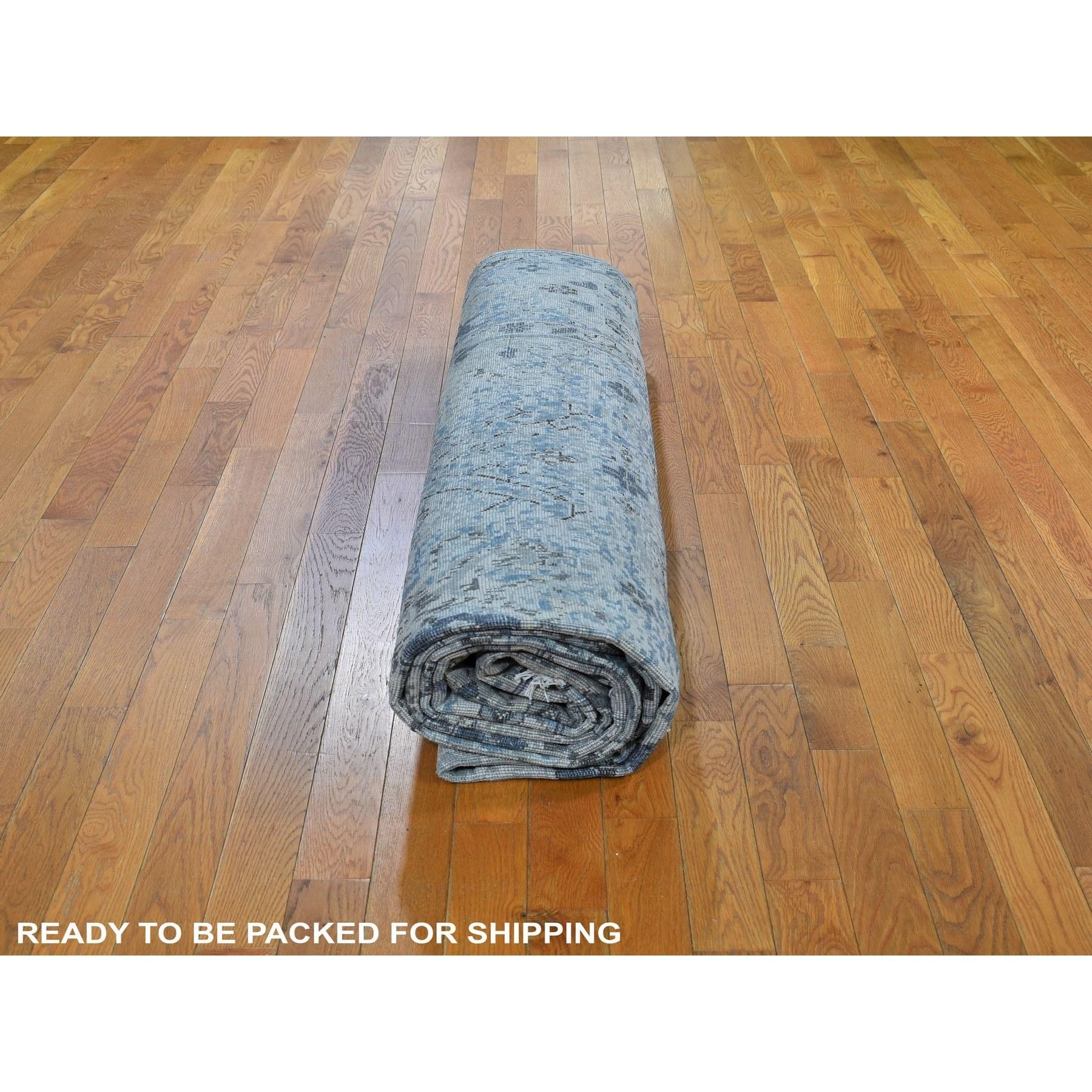 Alfombra anudada a mano de seda pura y lana texturizada Oushak azul envejecida 9'10 