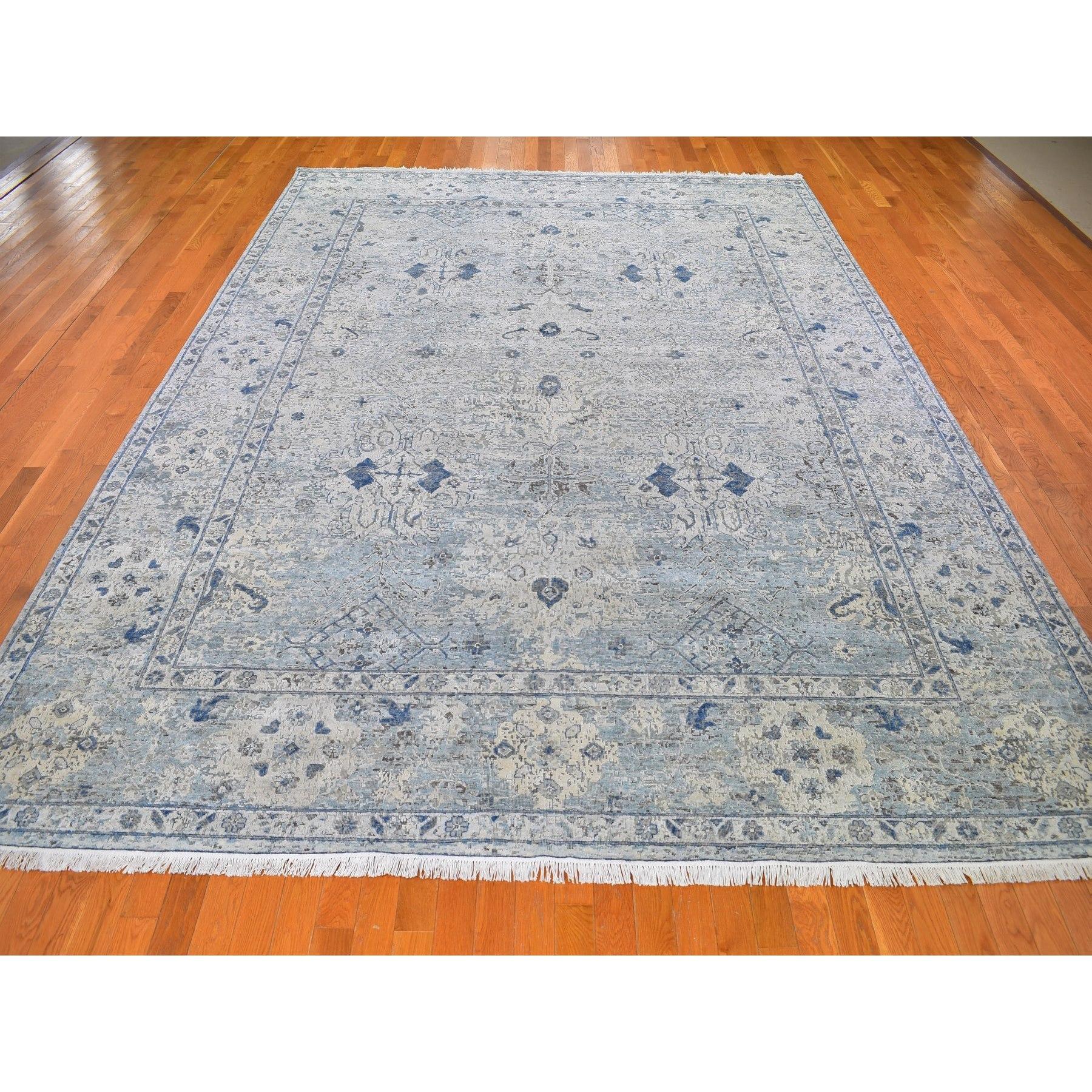 Alfombra anudada a mano de seda pura y lana texturizada Oushak azul envejecida 9'10 
