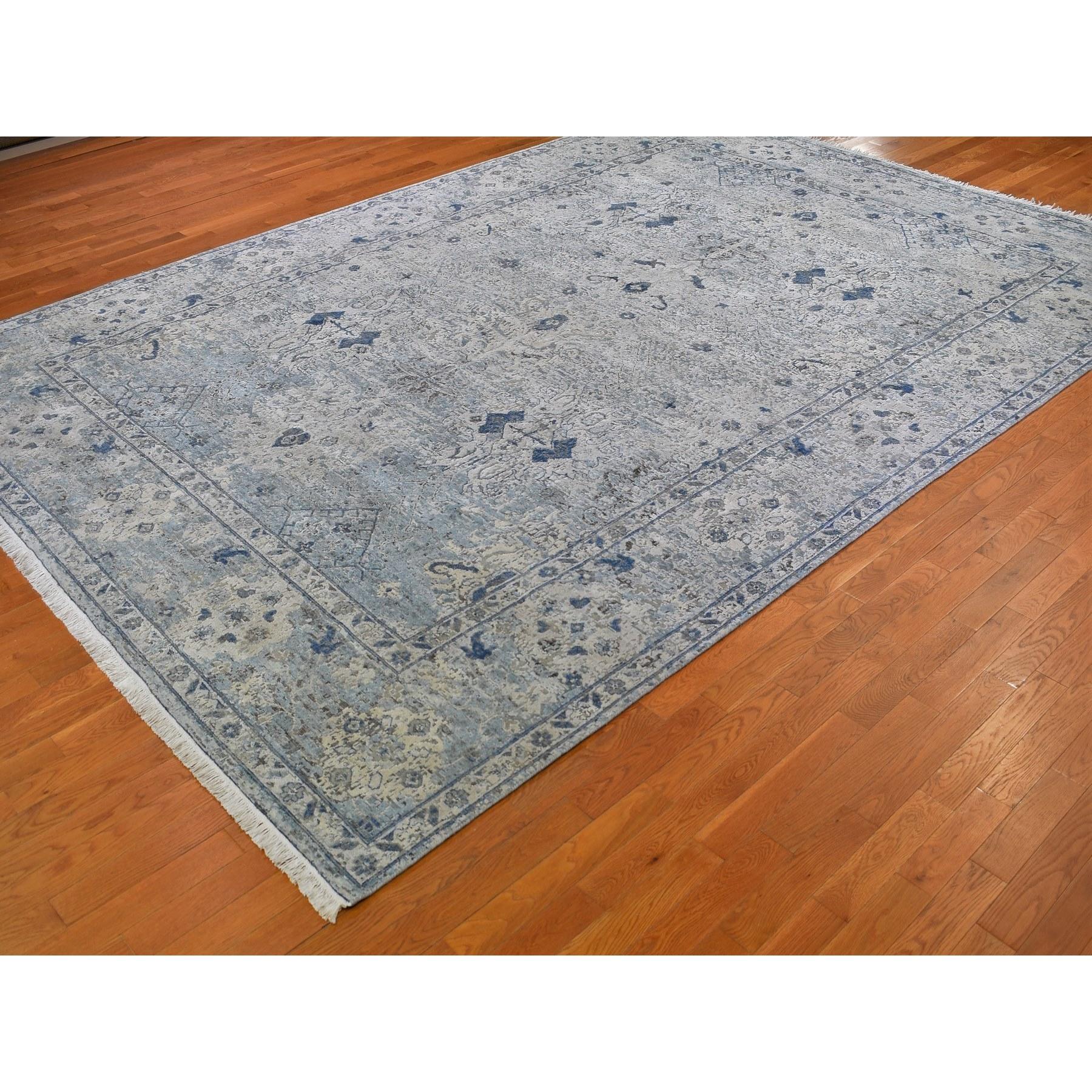 Alfombra anudada a mano de seda pura y lana texturizada Oushak azul envejecida 9'10 
