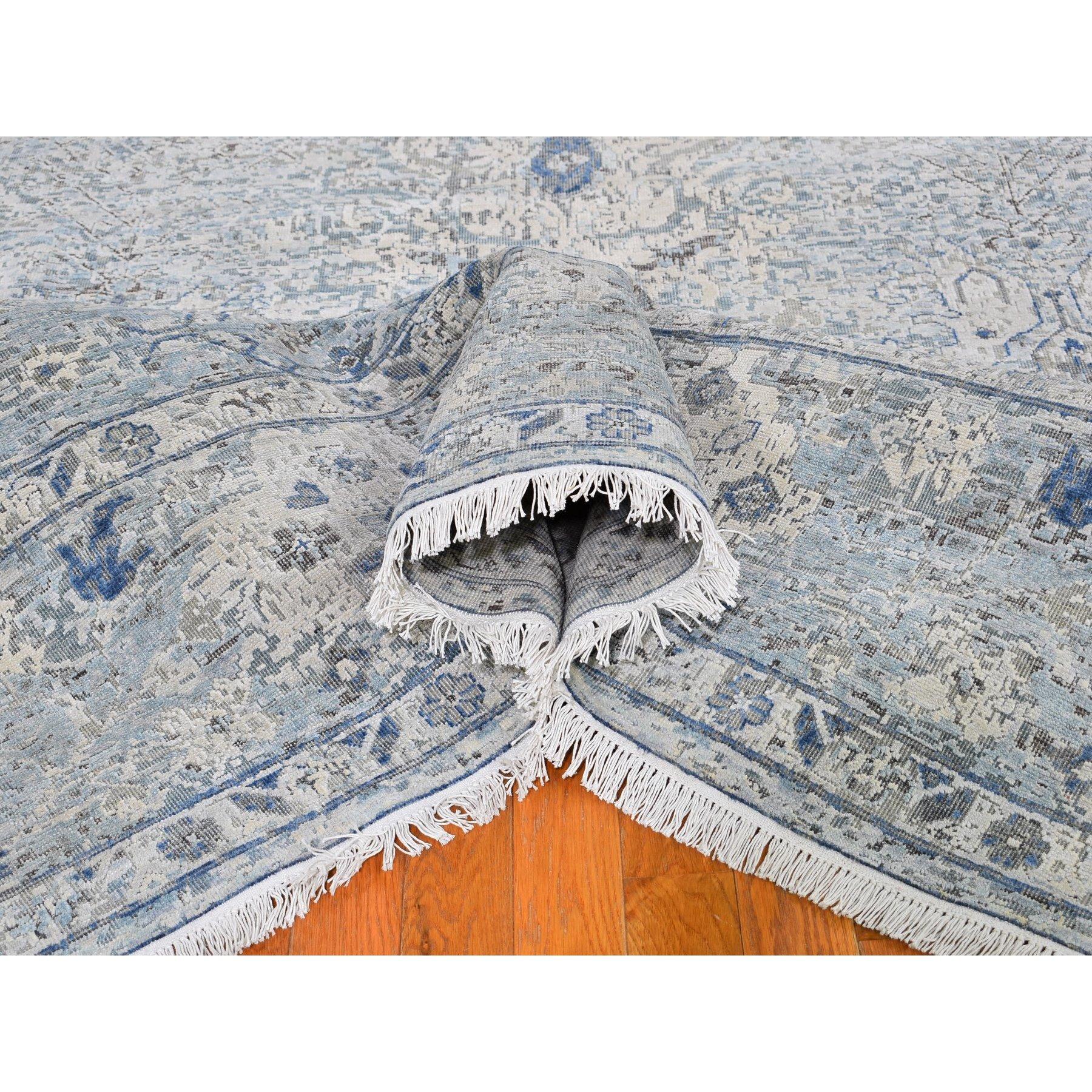 Alfombra anudada a mano de seda pura y lana texturizada Oushak azul envejecida 9'10 