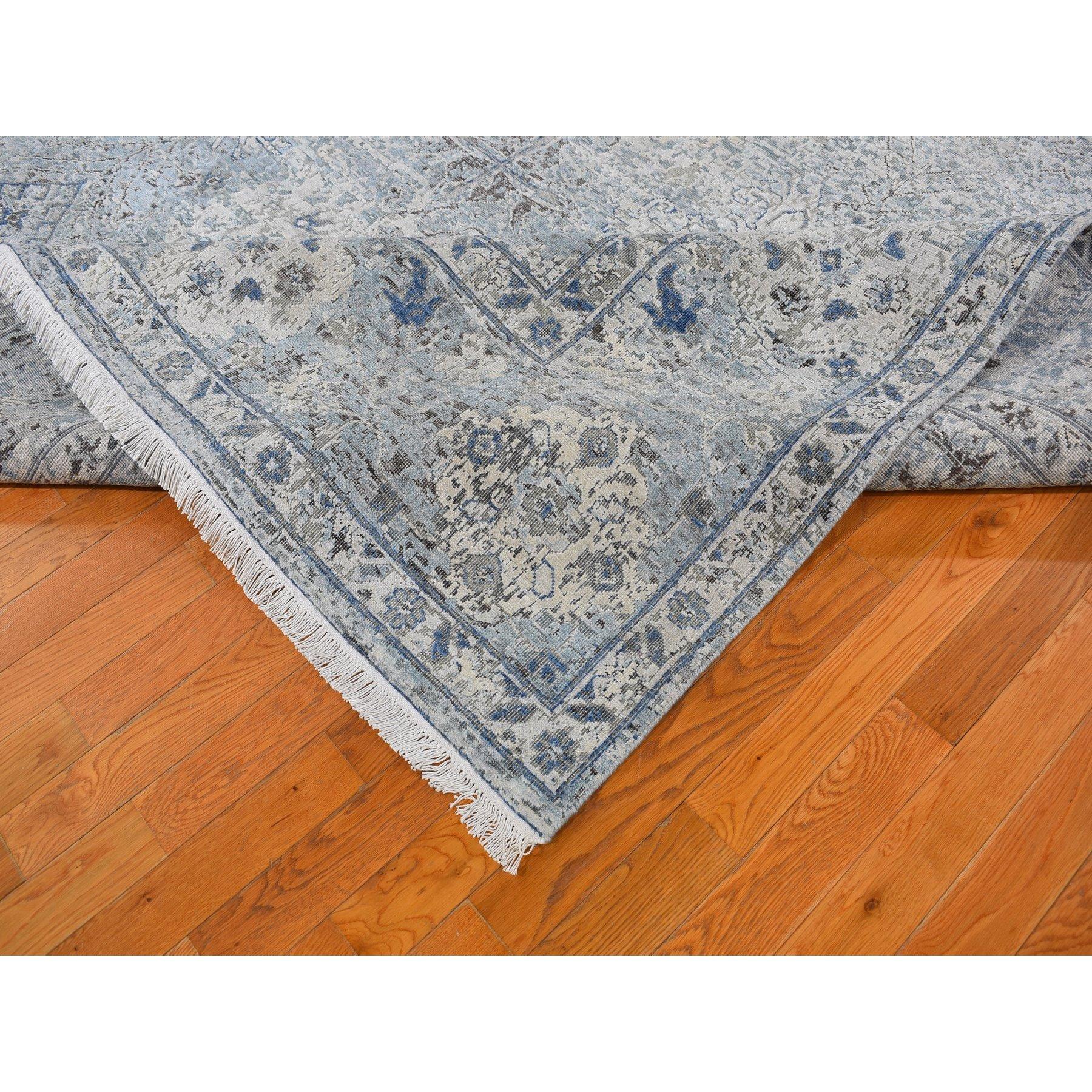 Alfombra anudada a mano de seda pura y lana texturizada Oushak azul envejecida 9'10 