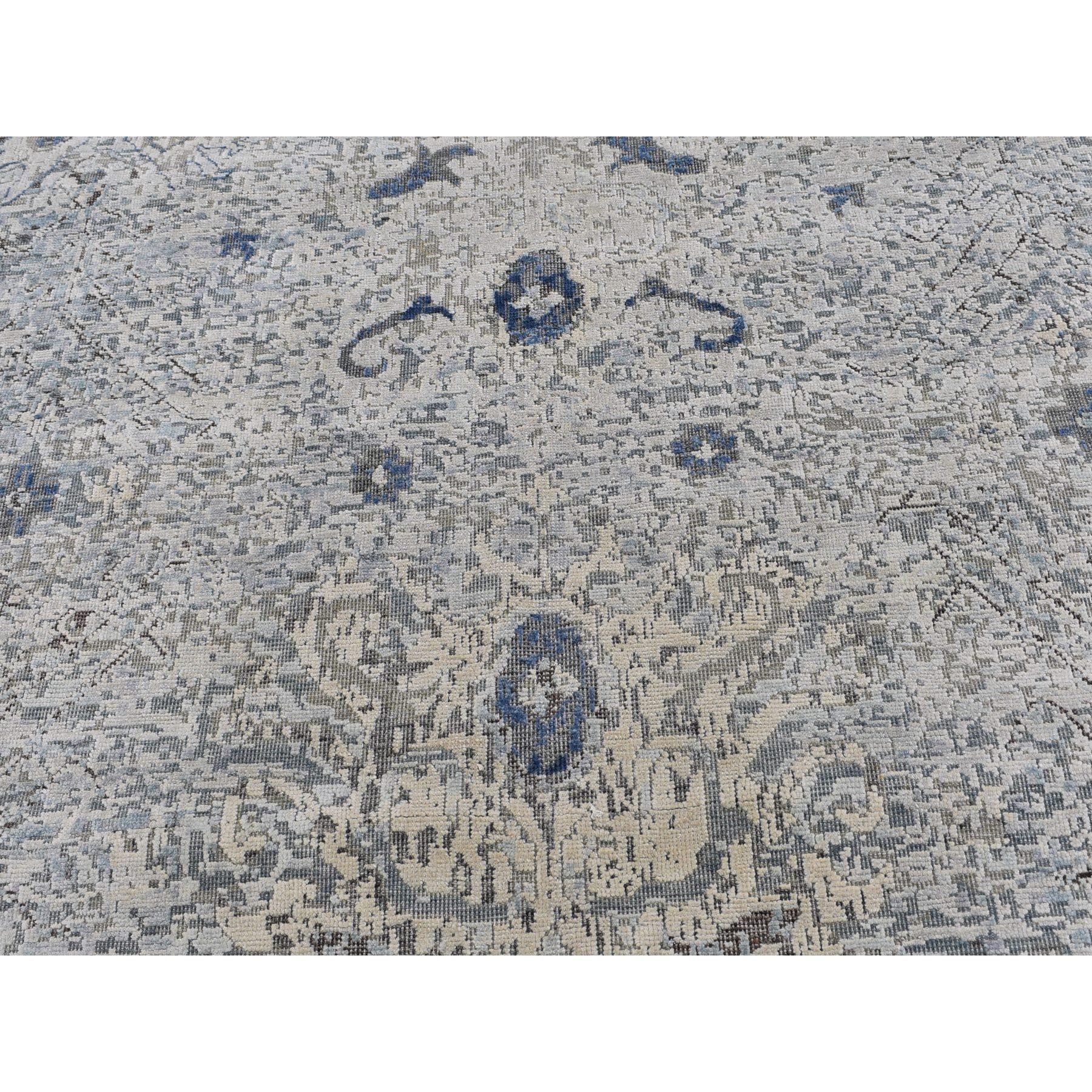Alfombra anudada a mano de seda pura y lana texturizada Oushak azul envejecida 9'10 