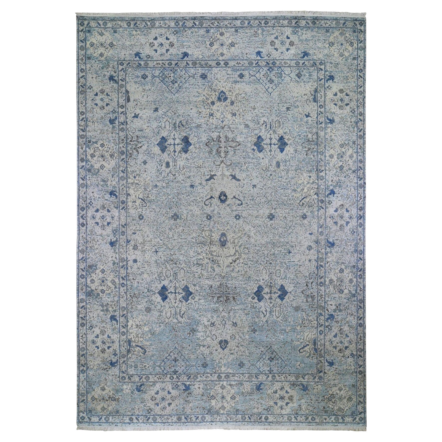Blue Distressed Oushak Pure Silk with Textured Wool Hand Knotted Rug 9'10"x14'2"