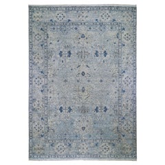 Blue Distressed Oushak Pure Silk with Textured Wool Hand Knotted Rug 9'10"x14'2"
