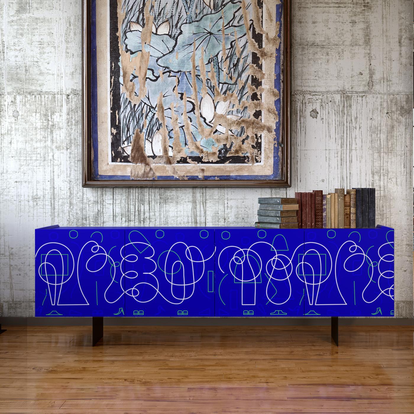 A one-of-a-kind artwork by Jonathan Calugi distinguishes this exceptional four-door sideboard by Pictoom, a bold and stately accent for a refined contemporary interior. Boasting an utterly vivacious, electric blue backdrop, it features simple lines