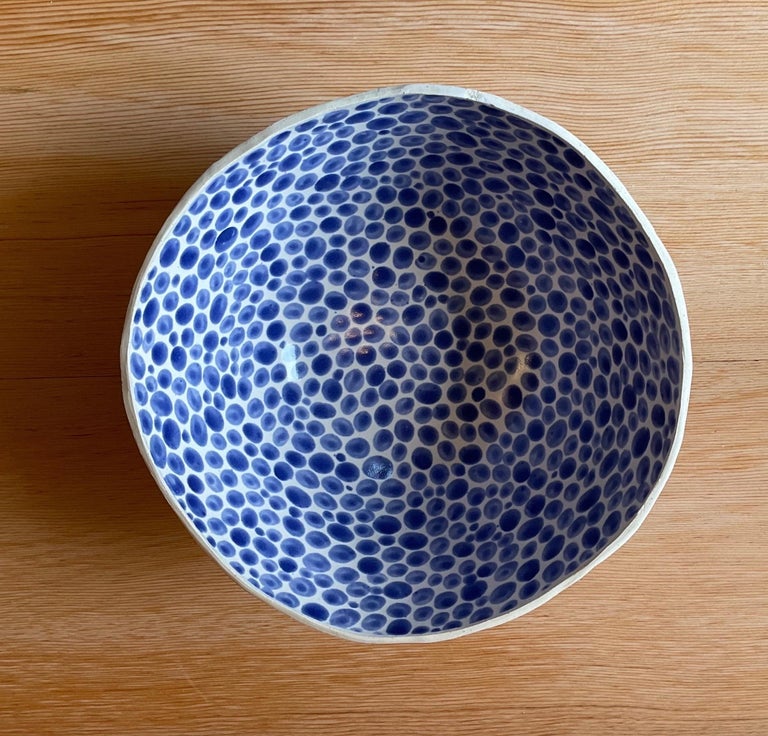 American Blue Dots on White Stoneware Fruit Bowl For Sale