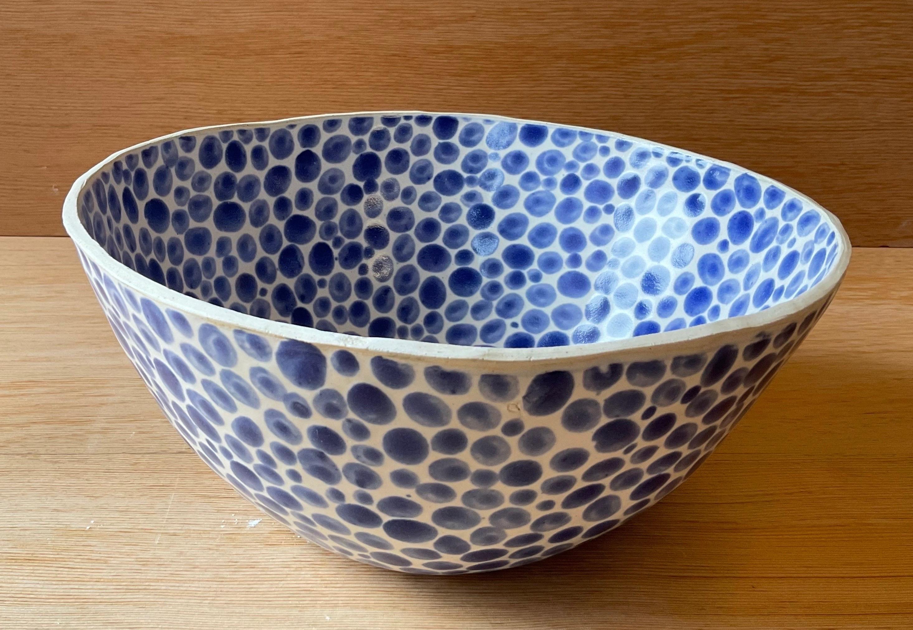 Hand-Painted Blue Dots on White Stoneware Fruit Bowl