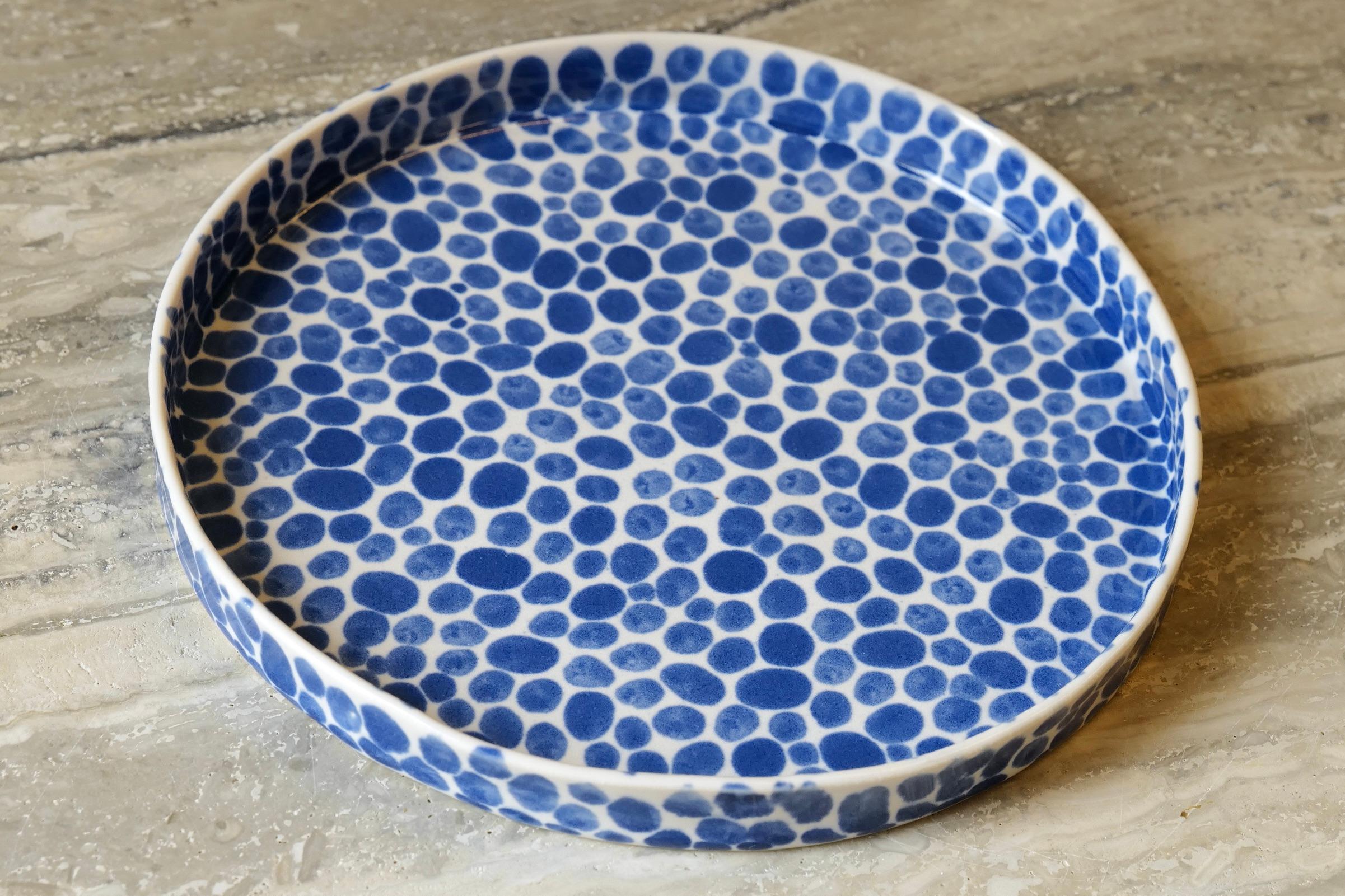 Cast Blue Dots Porcelain Medium Plate by Lana Kova For Sale