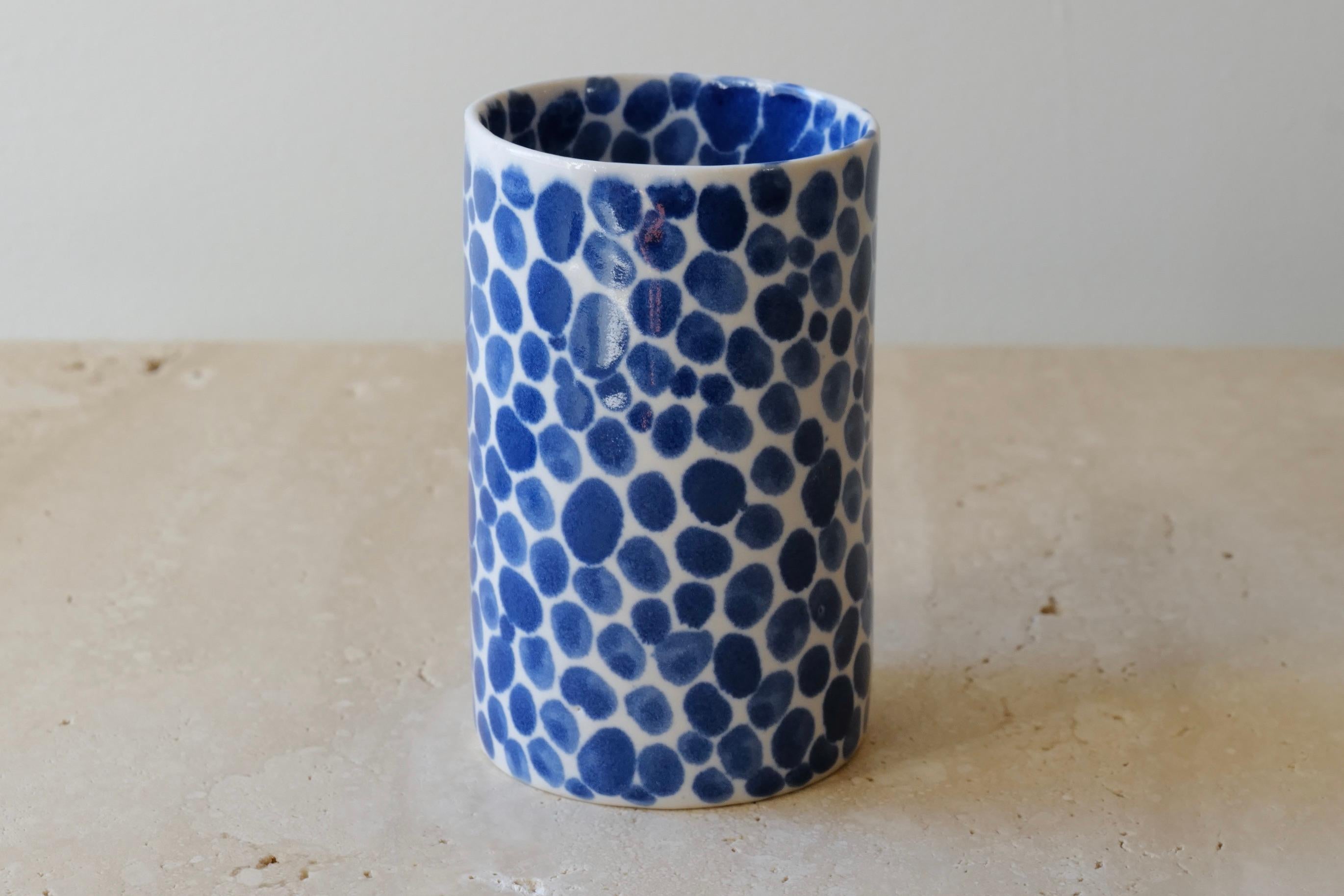 Minimalist Blue Dots Porcelain Tall Cup by Lana Kova  For Sale