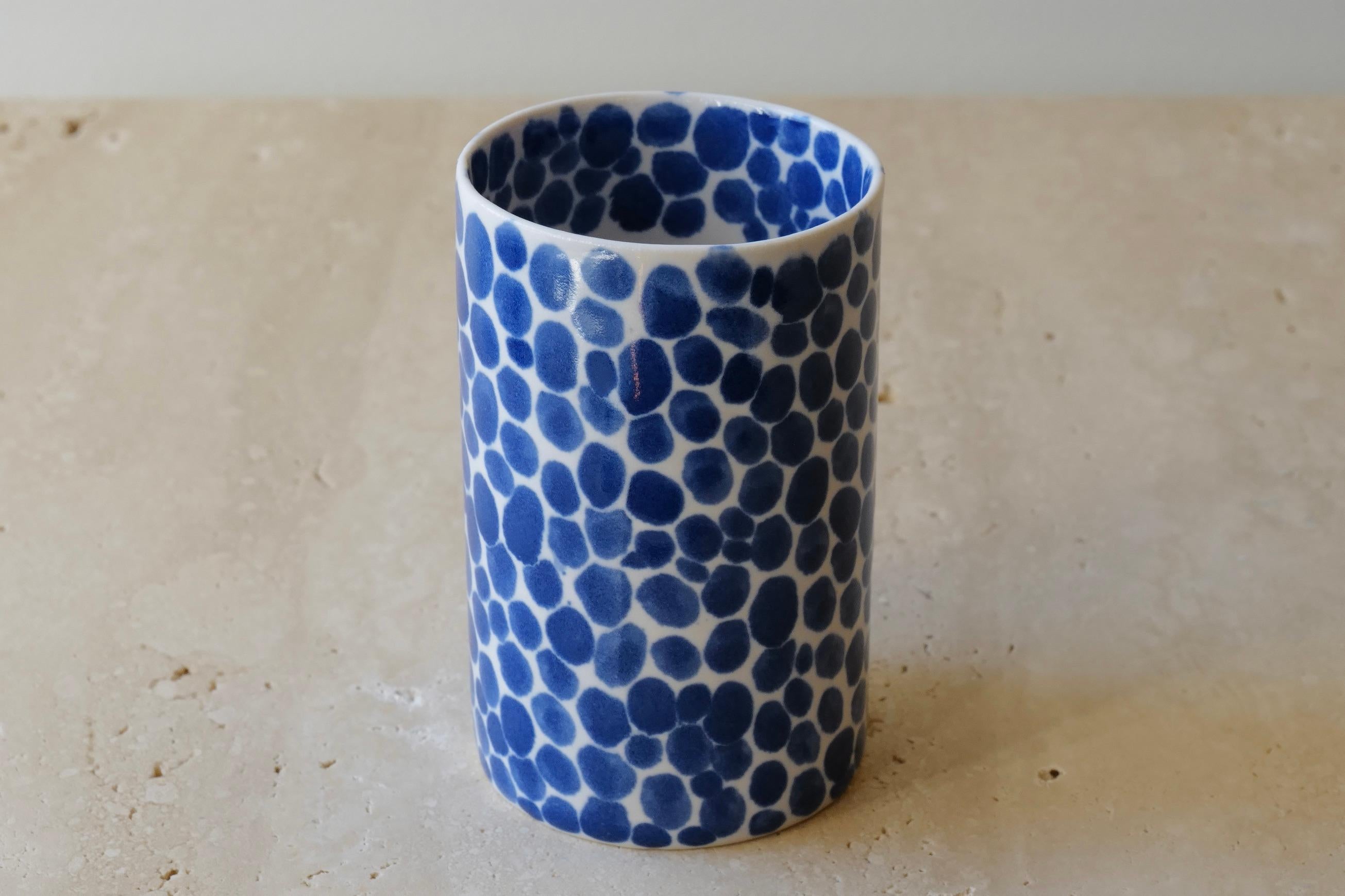 Minimalist Blue Dots Porcelain Tall Cup by Lana Kova For Sale