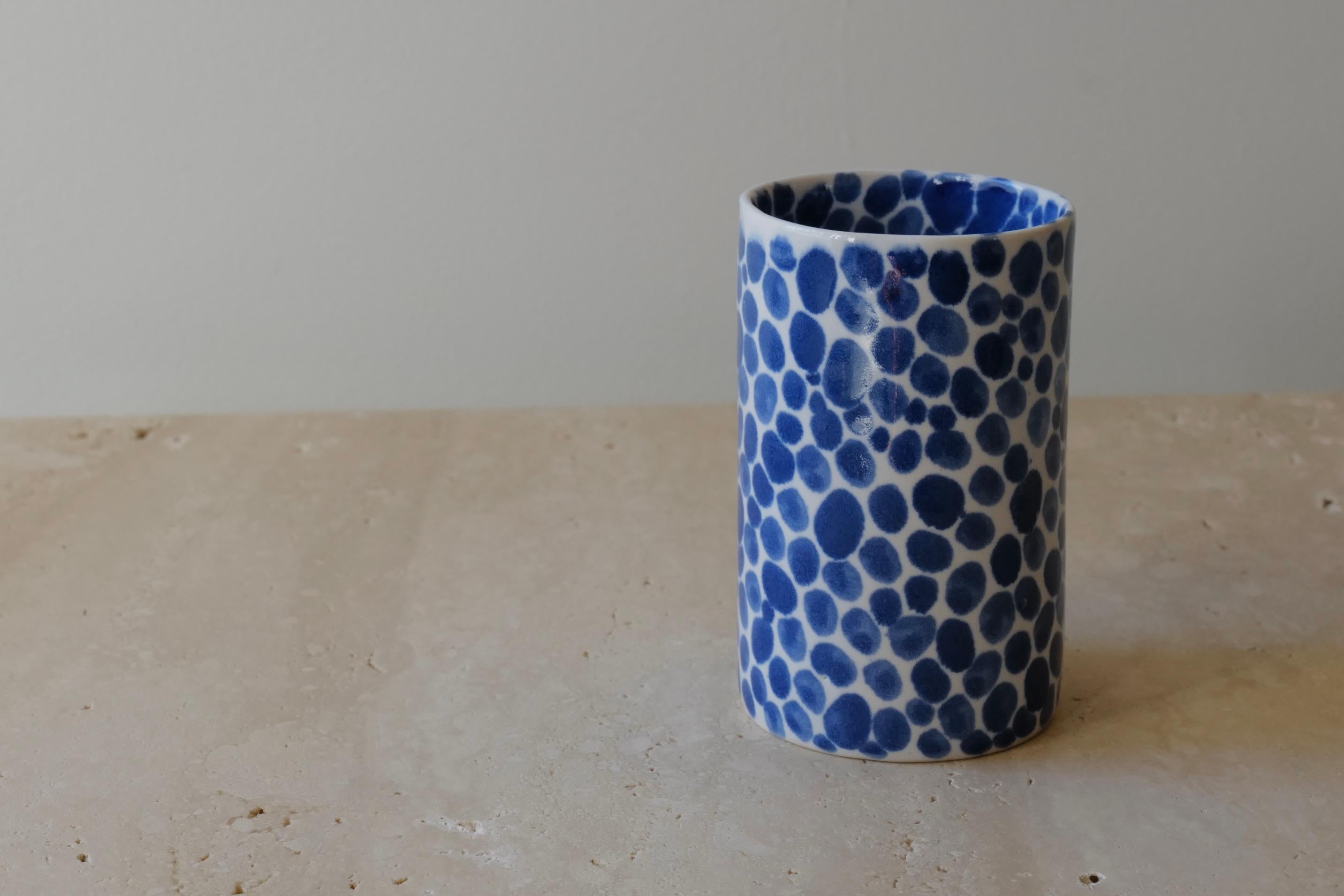 Cast Blue Dots Porcelain Tall Cup by Lana Kova  For Sale