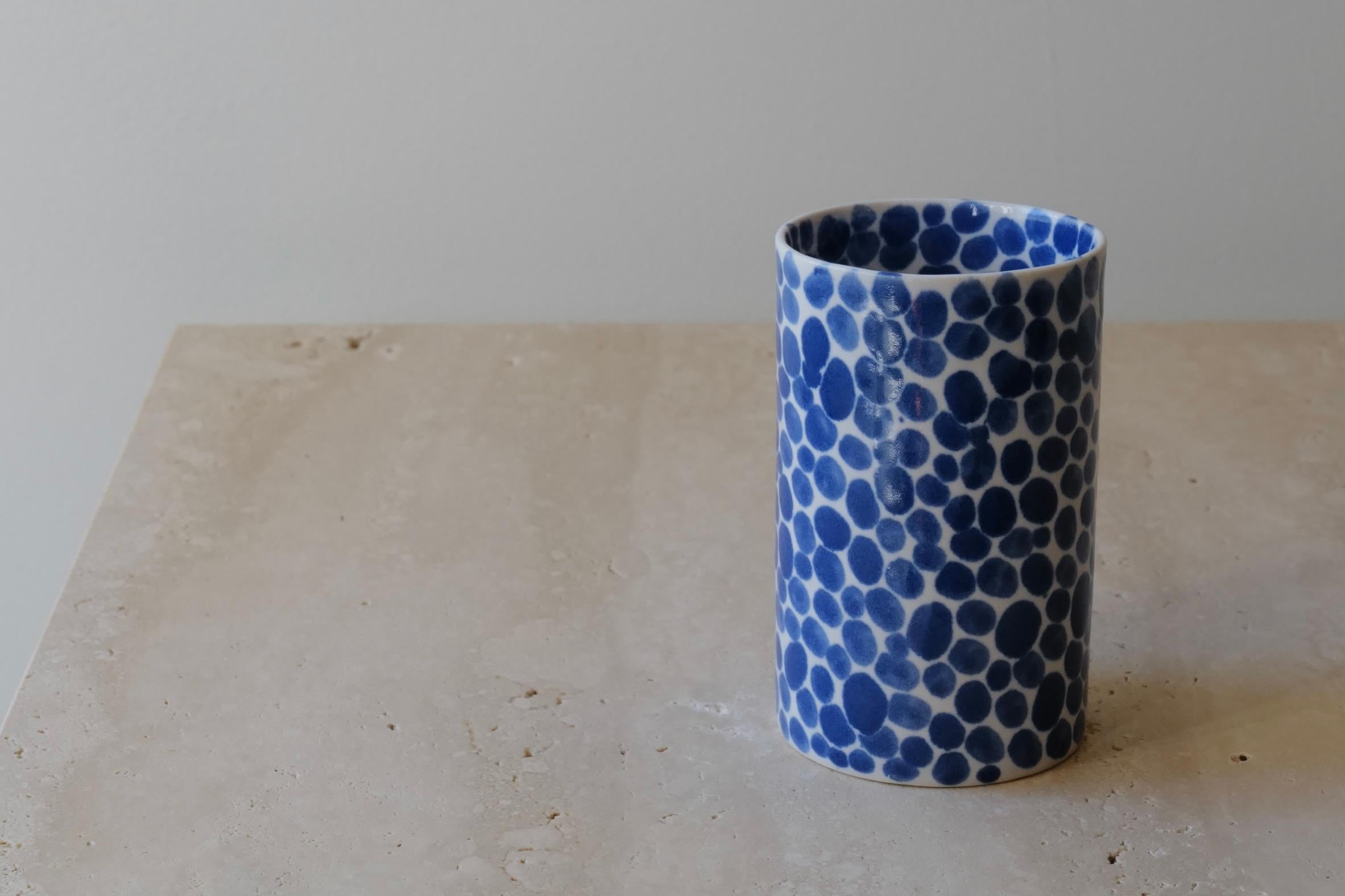 Cast Blue Dots Porcelain Tall Cup by Lana Kova For Sale