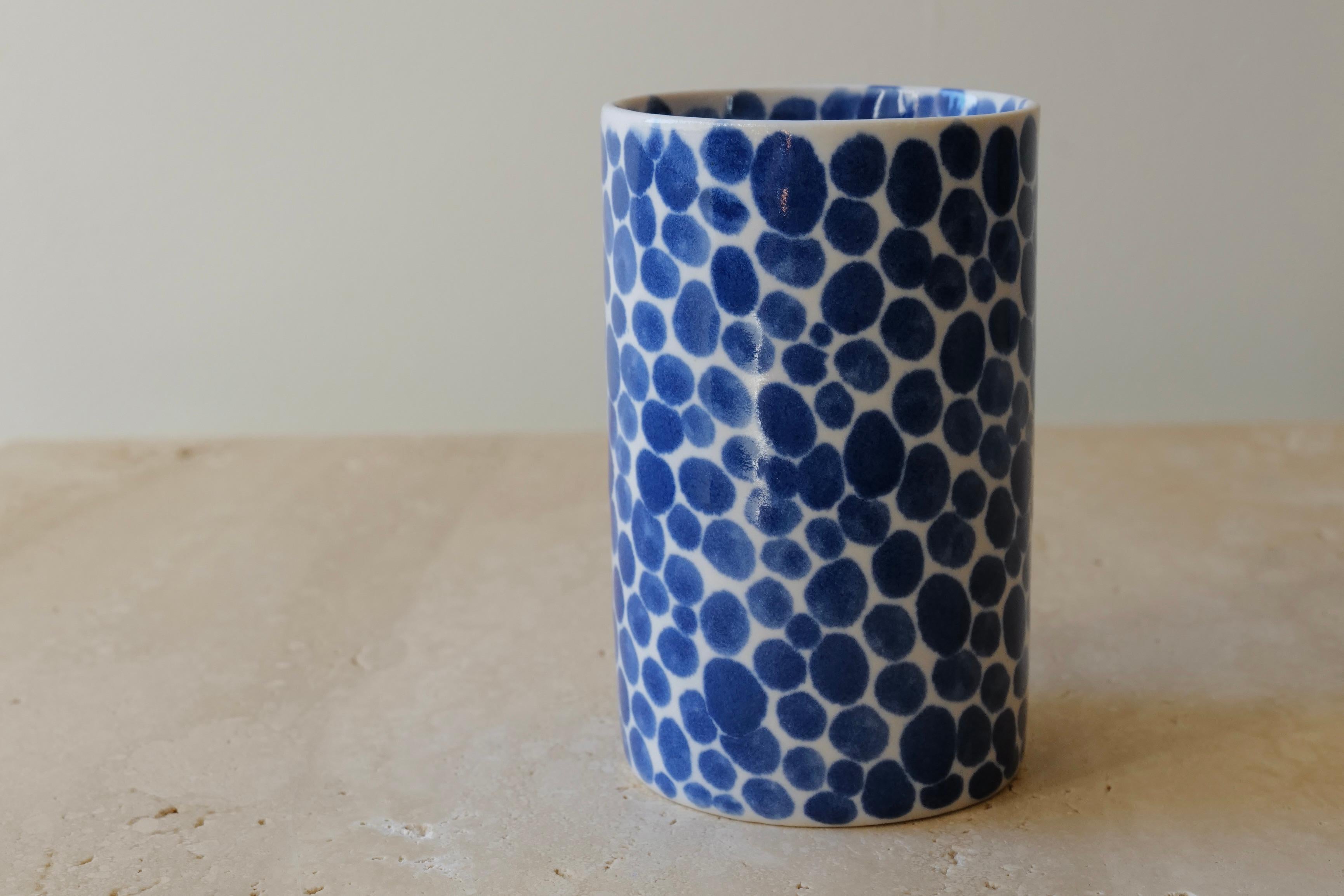 Blue Dots Porcelain Tall Cup by Lana Kova In New Condition For Sale In New York City, NY