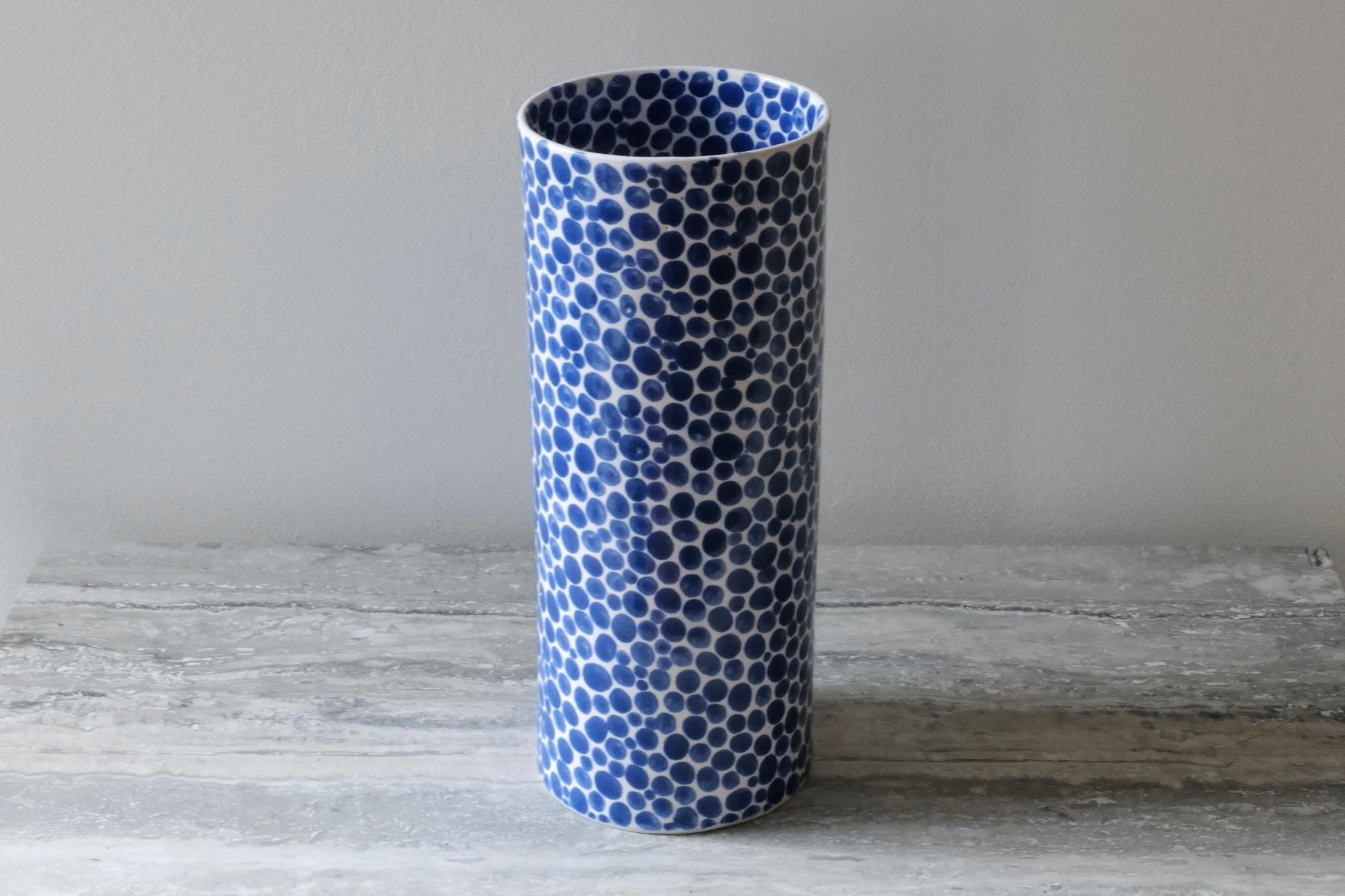 Minimalist Blue Dots Tall Porcelain Vase by Lana Kova For Sale