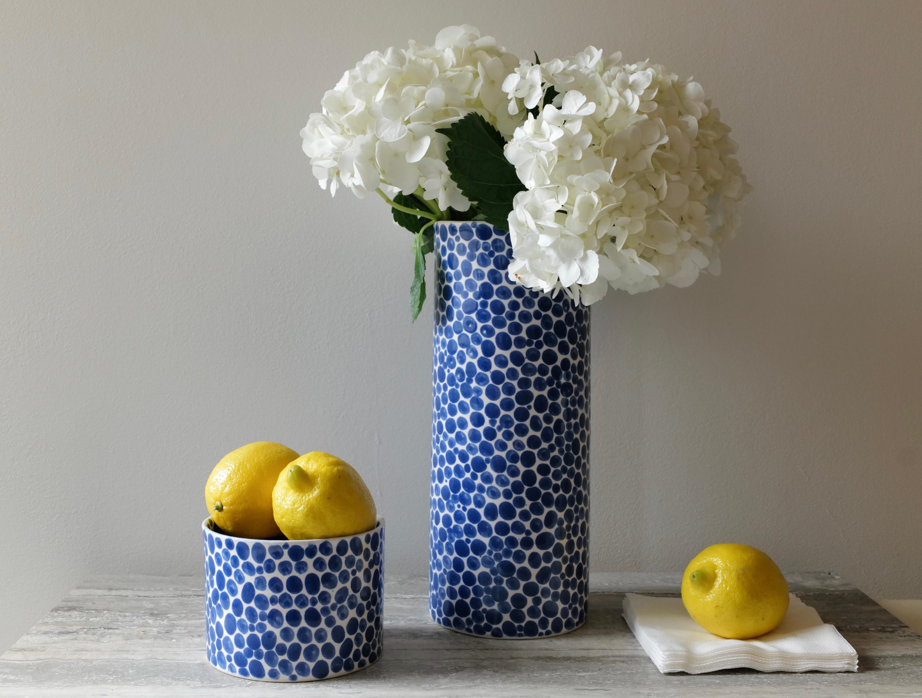 Ceramic Blue Dots Tall Porcelain Vase by Lana Kova For Sale